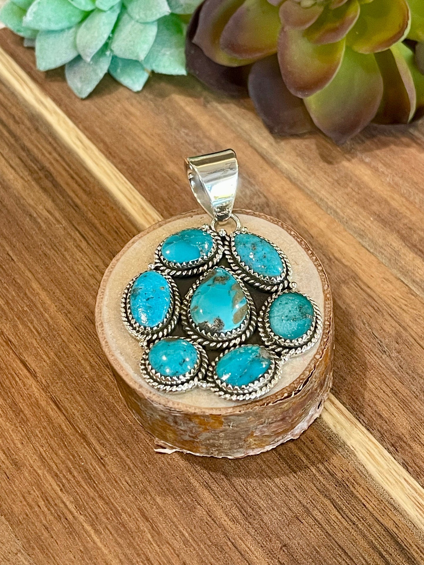 Beautiful Handmade Sterling Silver & Turquoise Cluster Pendant