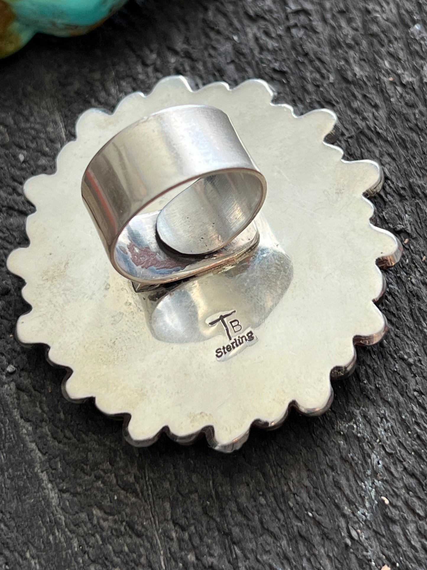 Navajo Sterling Silver, Mediterranean Coral and Spiderweb Kingman Cluster Ring, Adjustable