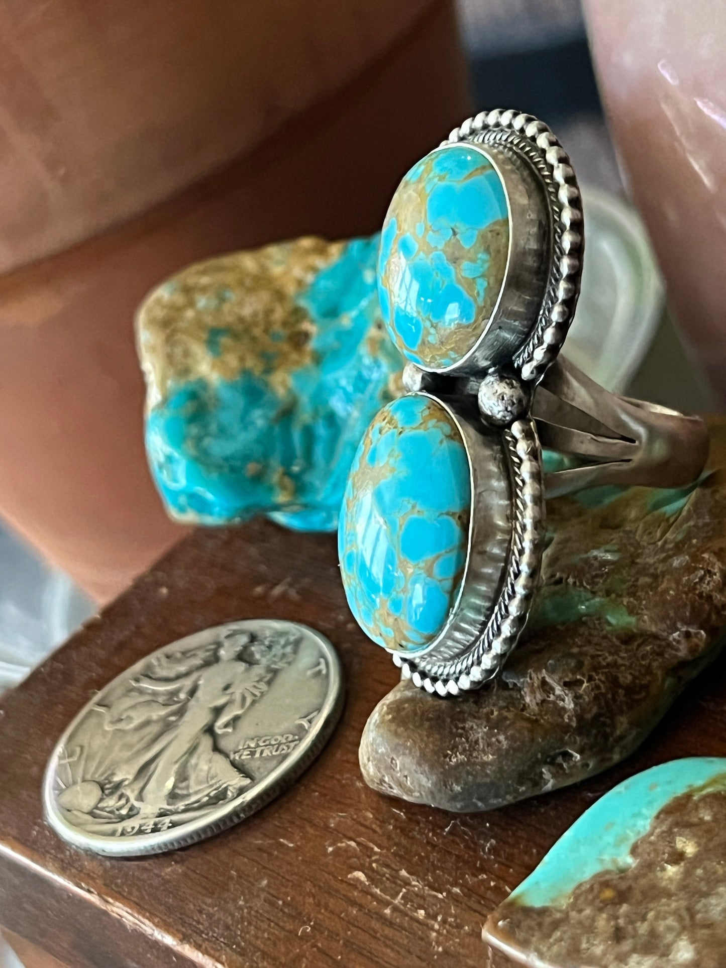 Navajo Sterling Silver and Number 8 Turquoise Ring by Darrin Livingston, Size 9