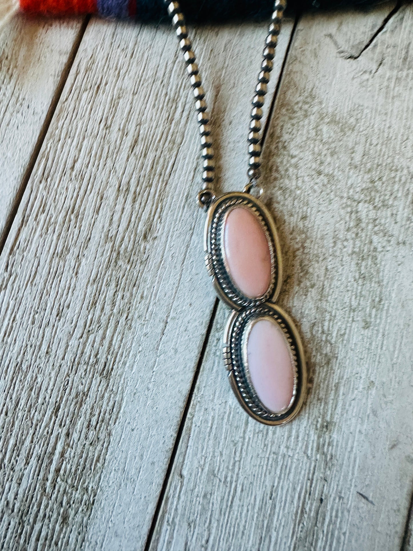 Navajo 2 Stone Queen Pink Conch & Sterling Silver Pearl Beaded Necklace