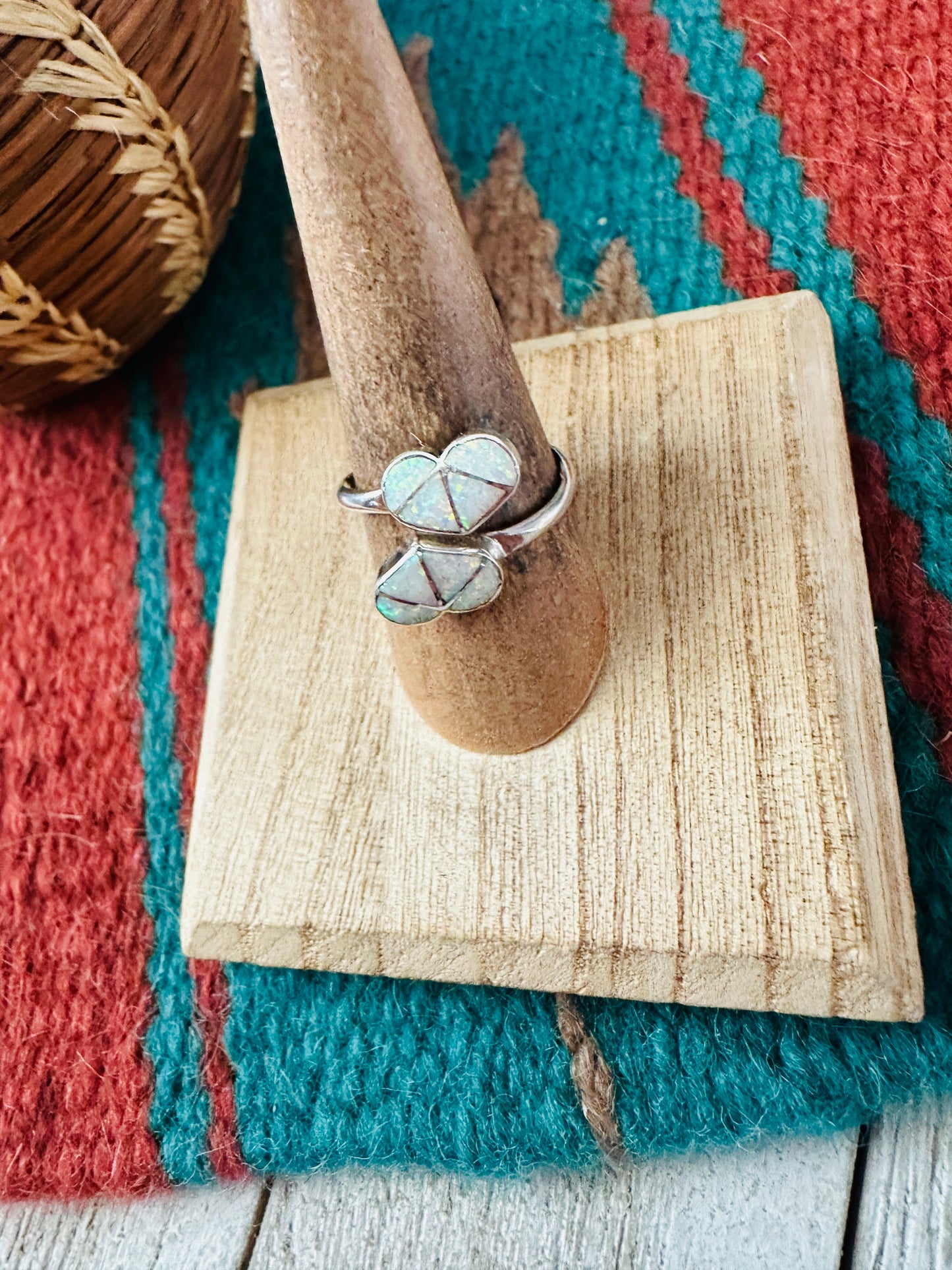 Zuni Sterling Silver & White Opal Heart Adjustable Ring