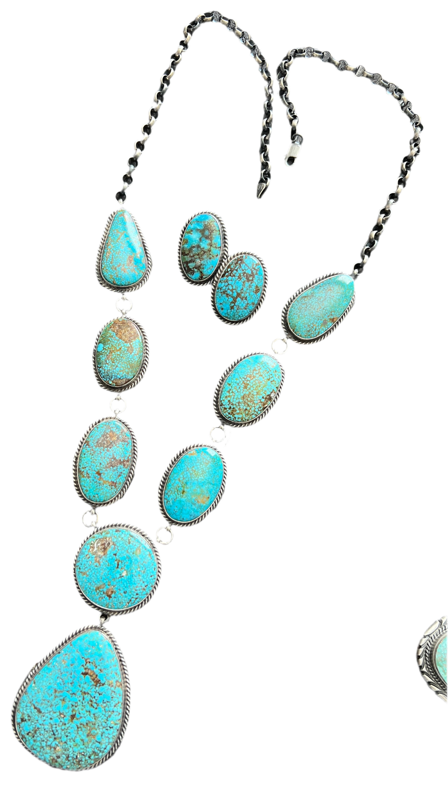 Navajo Sterling Silver and Birdseye Kingman Turquoise Y-Style Lariat Necklace and Earrings Set by Peggy Skeets