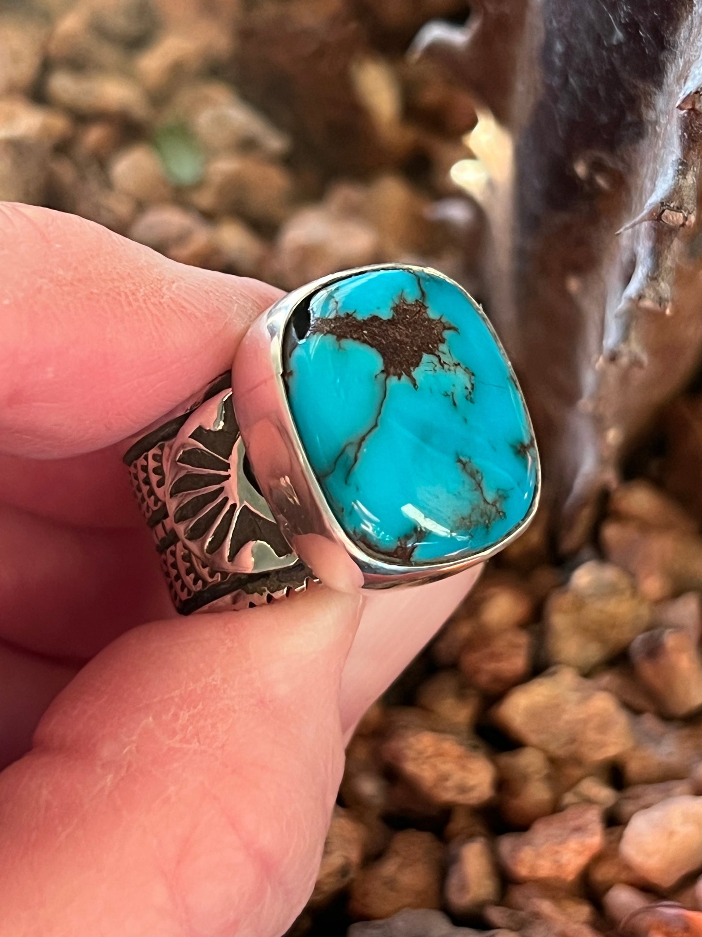 Native Made Sterling Silver Wide Shank Ring with Egyptian Turquoise by Shaun Rogers, Size 8.25