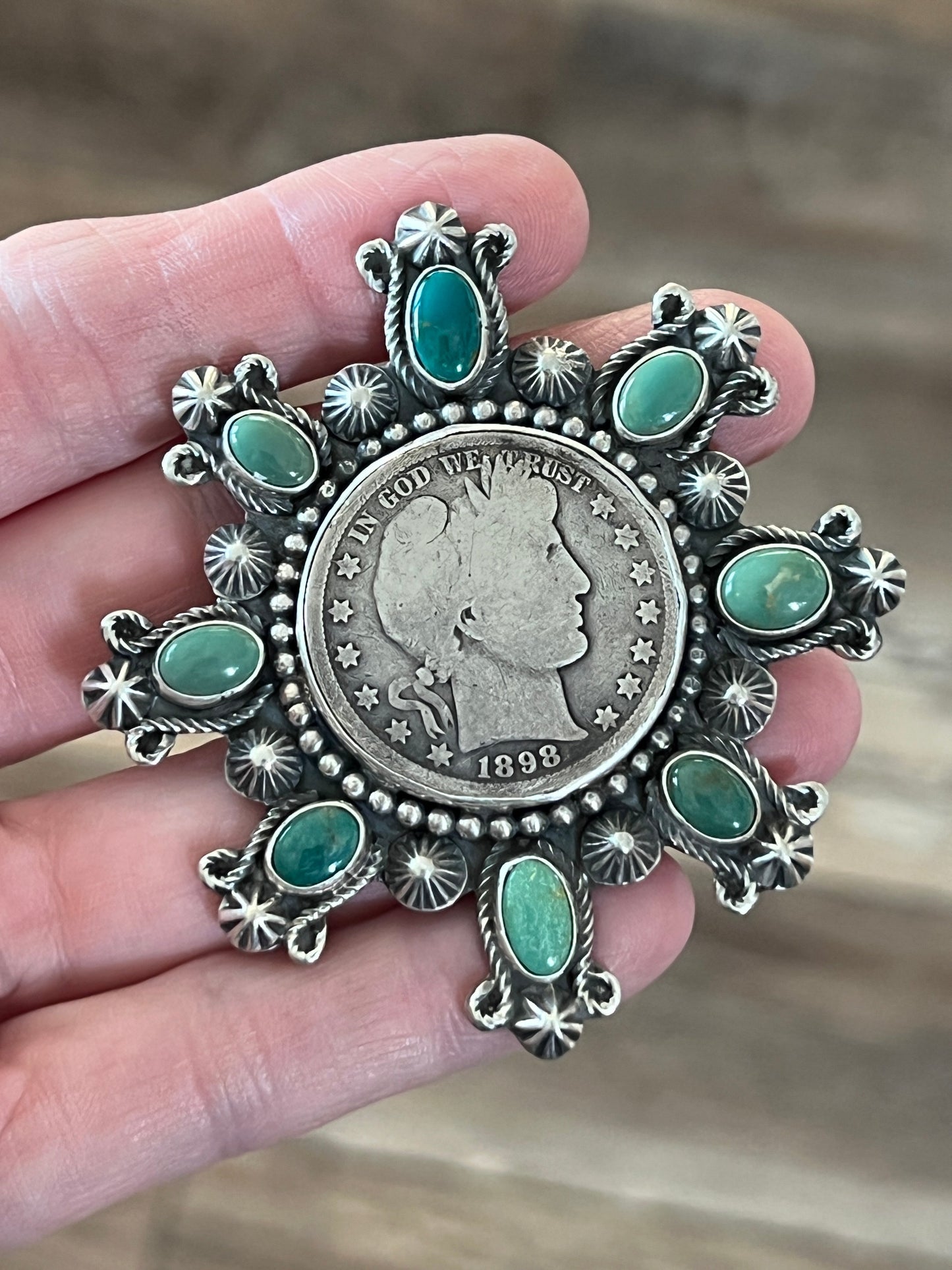 Rosella Paxson Hubei Turquoise and Barber Half Dollar Cluster Ring, Sz 6.5-7