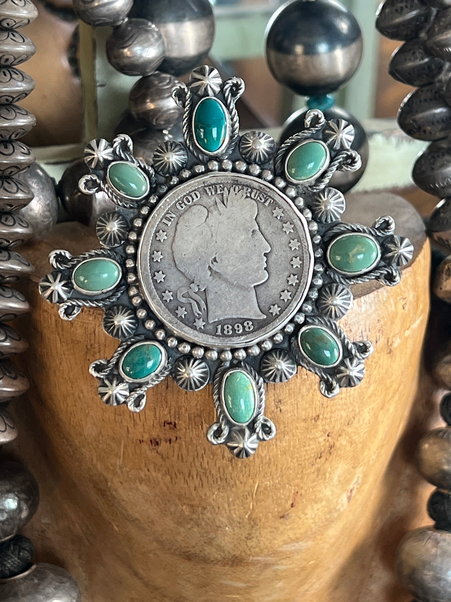Rosella Paxson Hubei Turquoise and Barber Half Dollar Cluster Ring, Sz 6.5-7