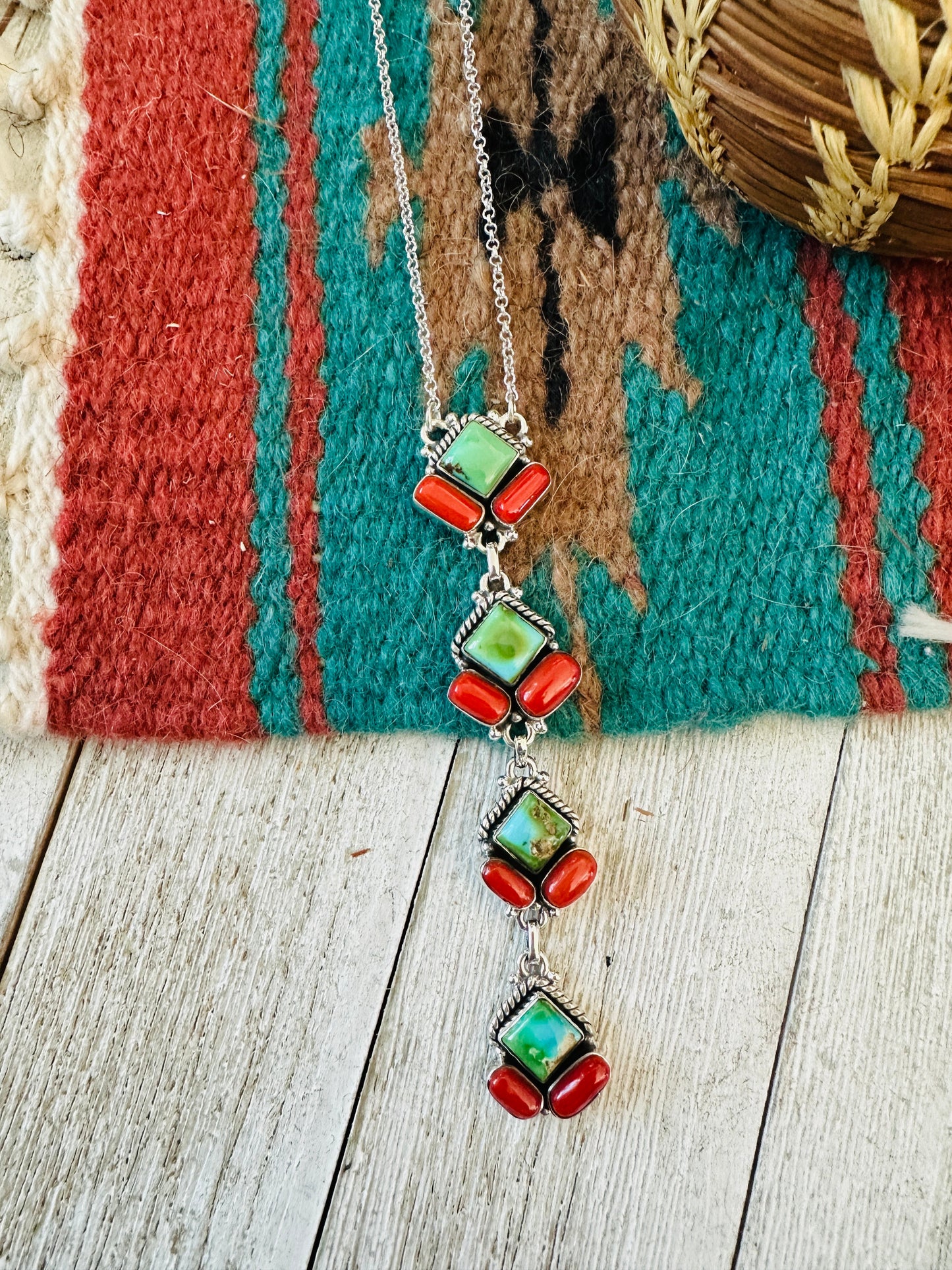 ** Christmas Collection ** Handmade Sterling Silver, Turquoise & Coral Necklace Signed Nizhoni