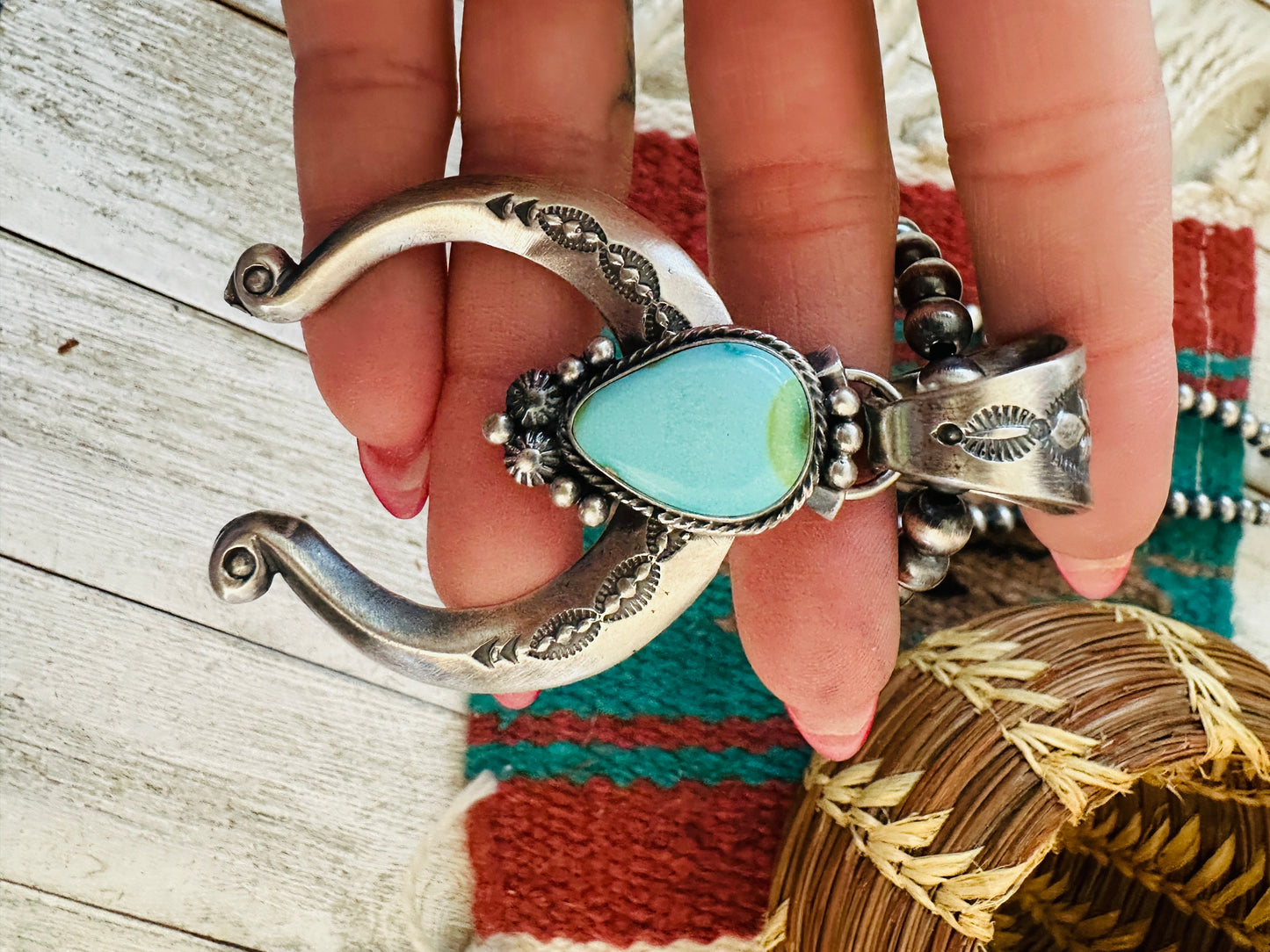 Navajo Sterling Silver & Turquoise Beaded Naja Necklace