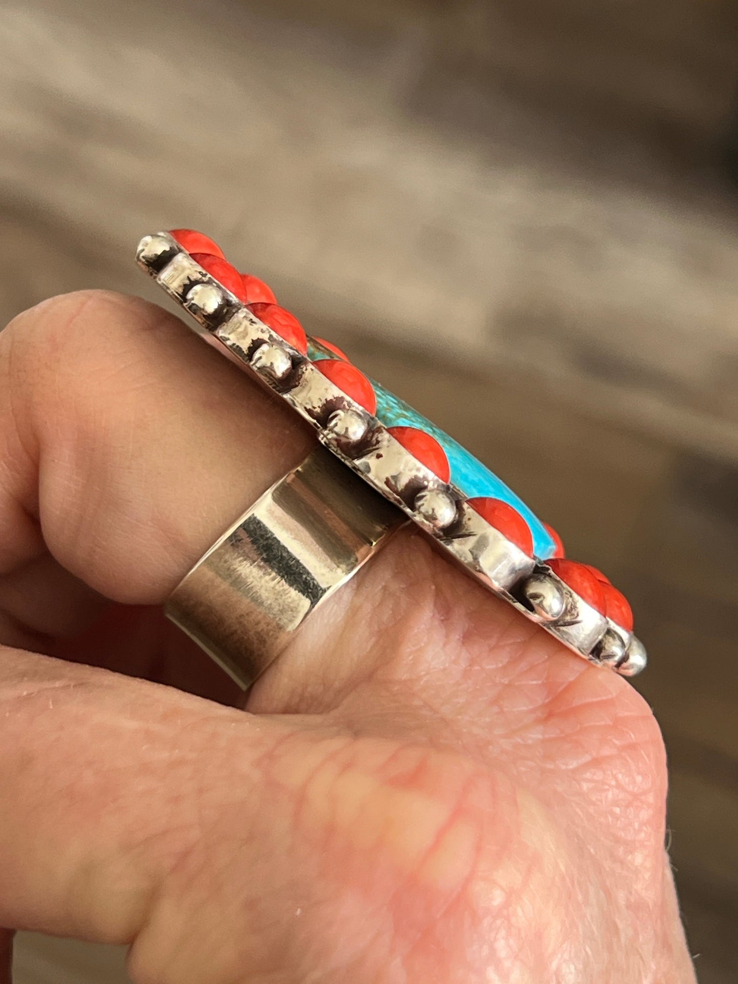 Navajo Sterling Silver, Kingman Turquoise and Mediterranean Coral Cluster Ring By Tyler Brown, Adjustable