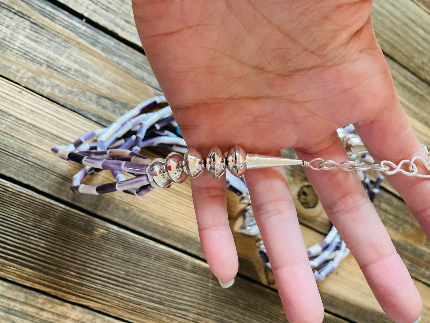 Navajo Sterling Silver, Wampum (Quahog Shell) & Turquoise Beaded Necklace