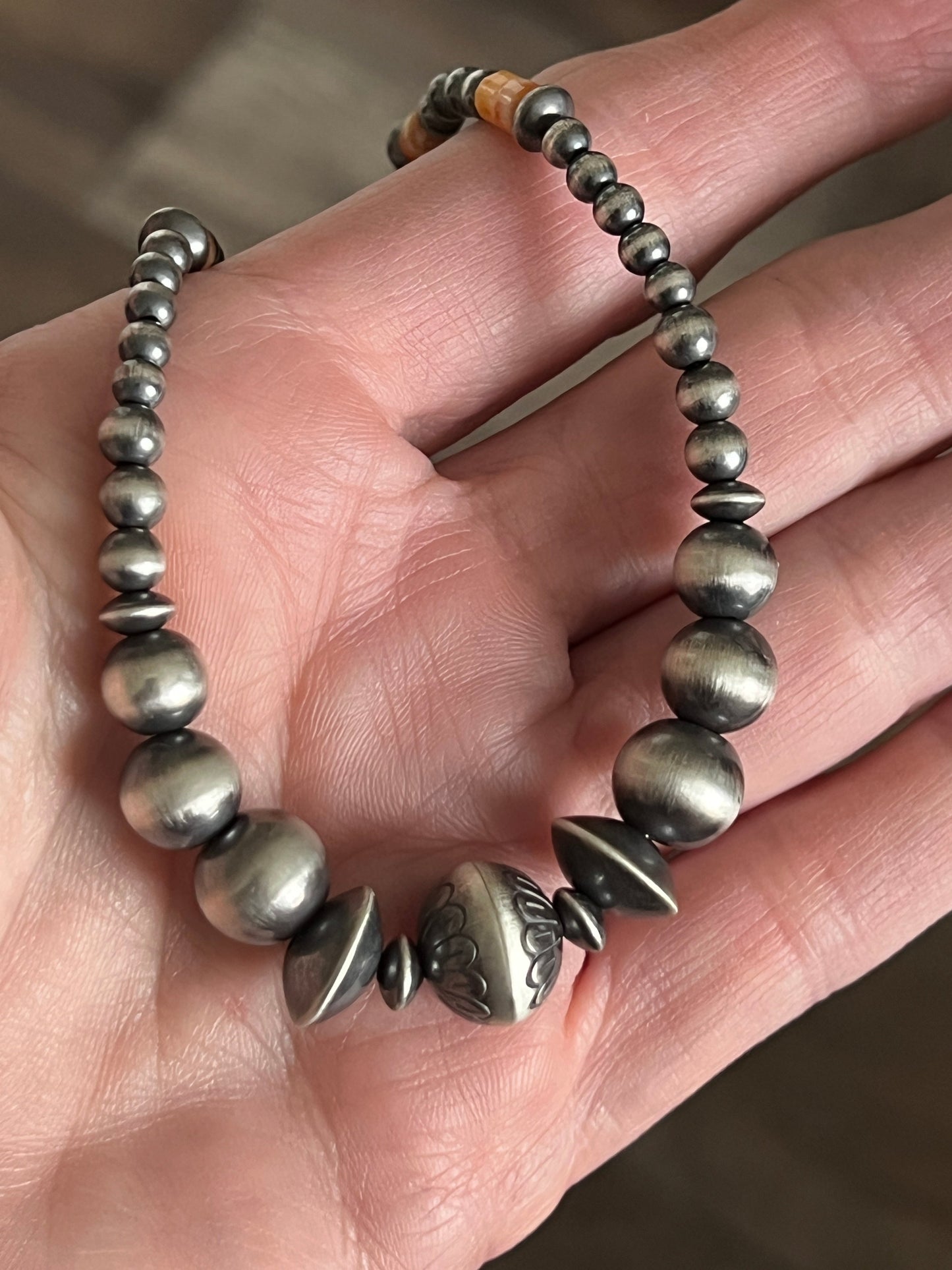 Summer Lovin’ Navajo Beaded Layering Necklace with Sterling Silver, Spiny Oyster Shell and Turquoise, 16” + 2”, The Flower Child