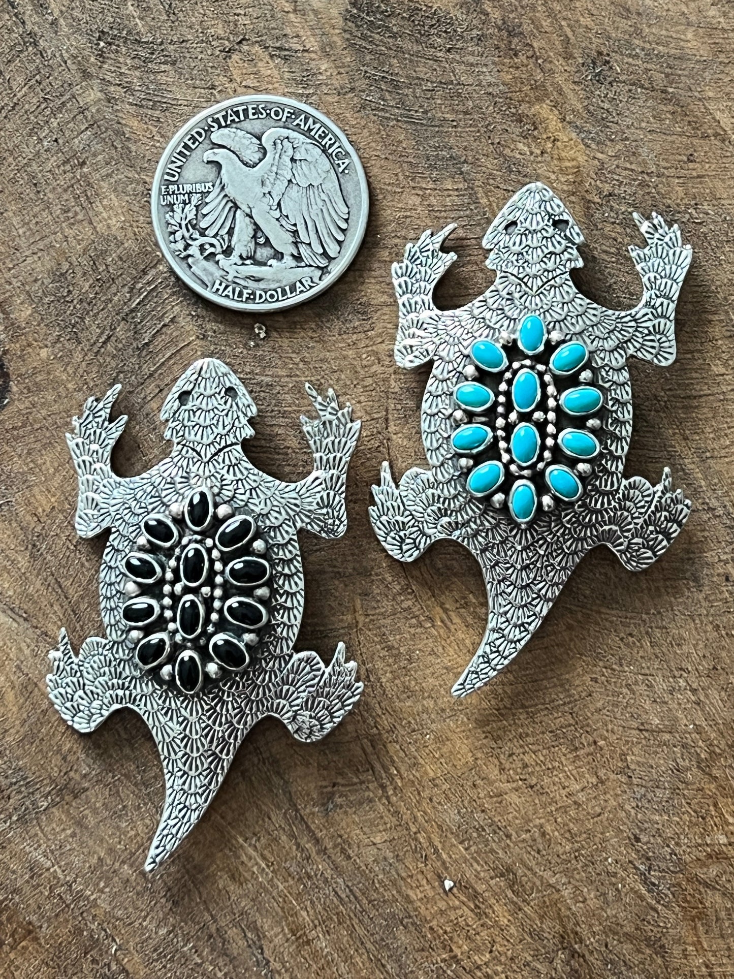 Navajo Sterling Silver and Stone Horned Toad Pin and Pendant by Lee Charley, Turquoise or Onyx