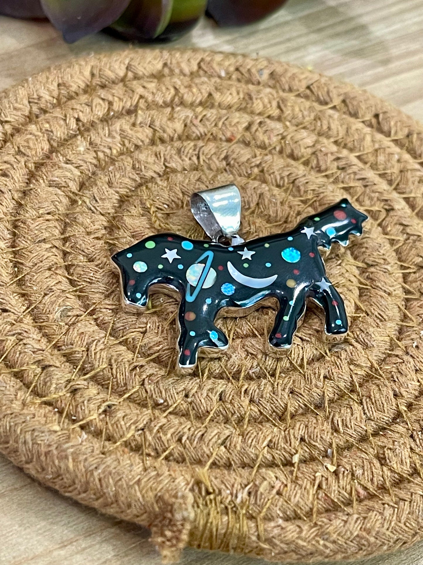 Handmade Sterling Silver Multi Stone Space Horse Pendant