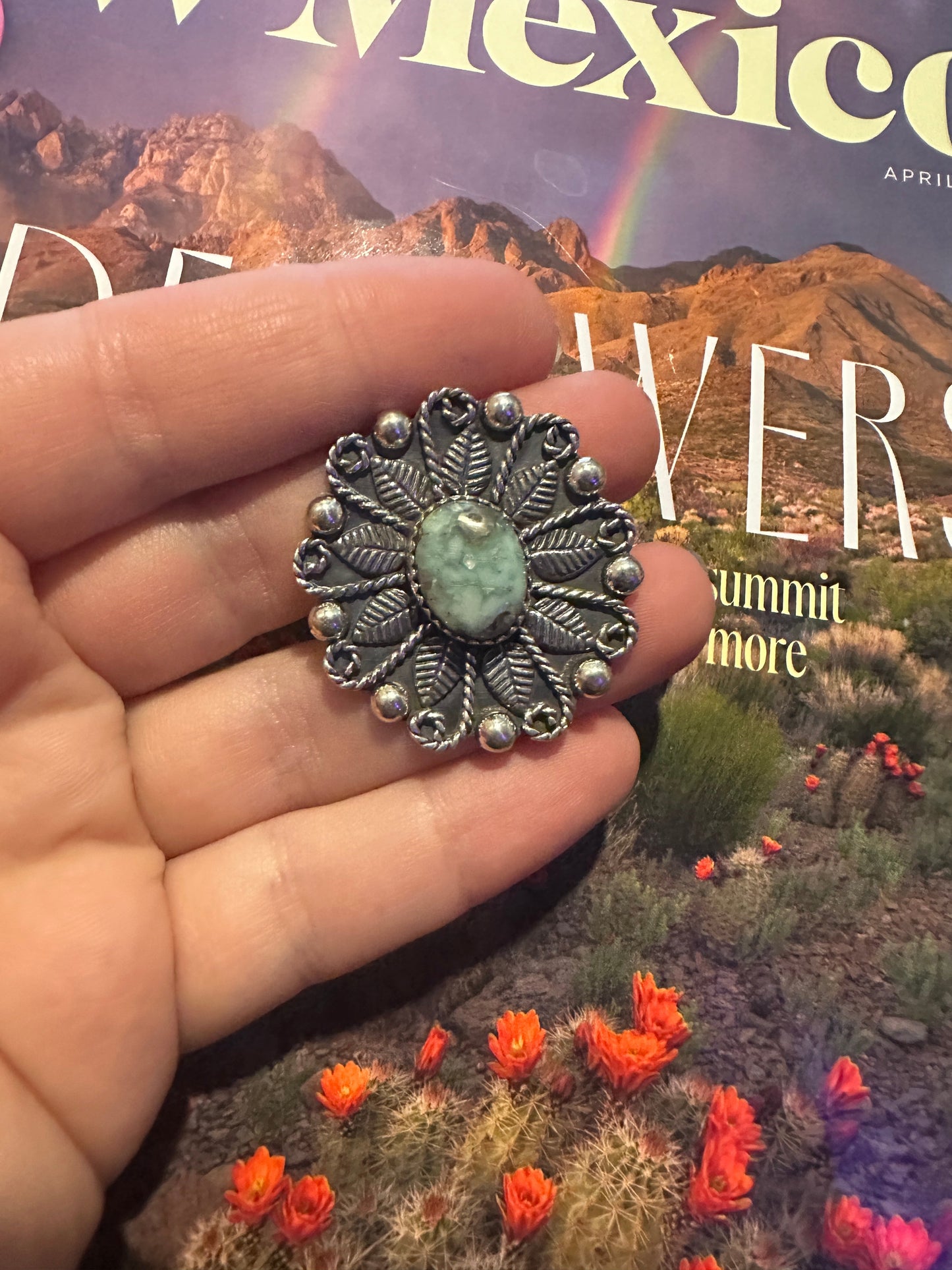 Handmade Sterling Silver Palomino Turquoise Adjustable FLOWER Ring Signed Nizhoni