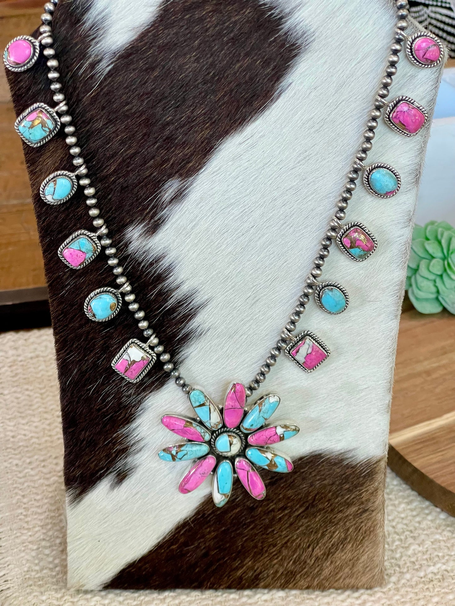 Handmade Sterling Silver Cotton Candy Turquoise Necklace with Signed Nizhoni