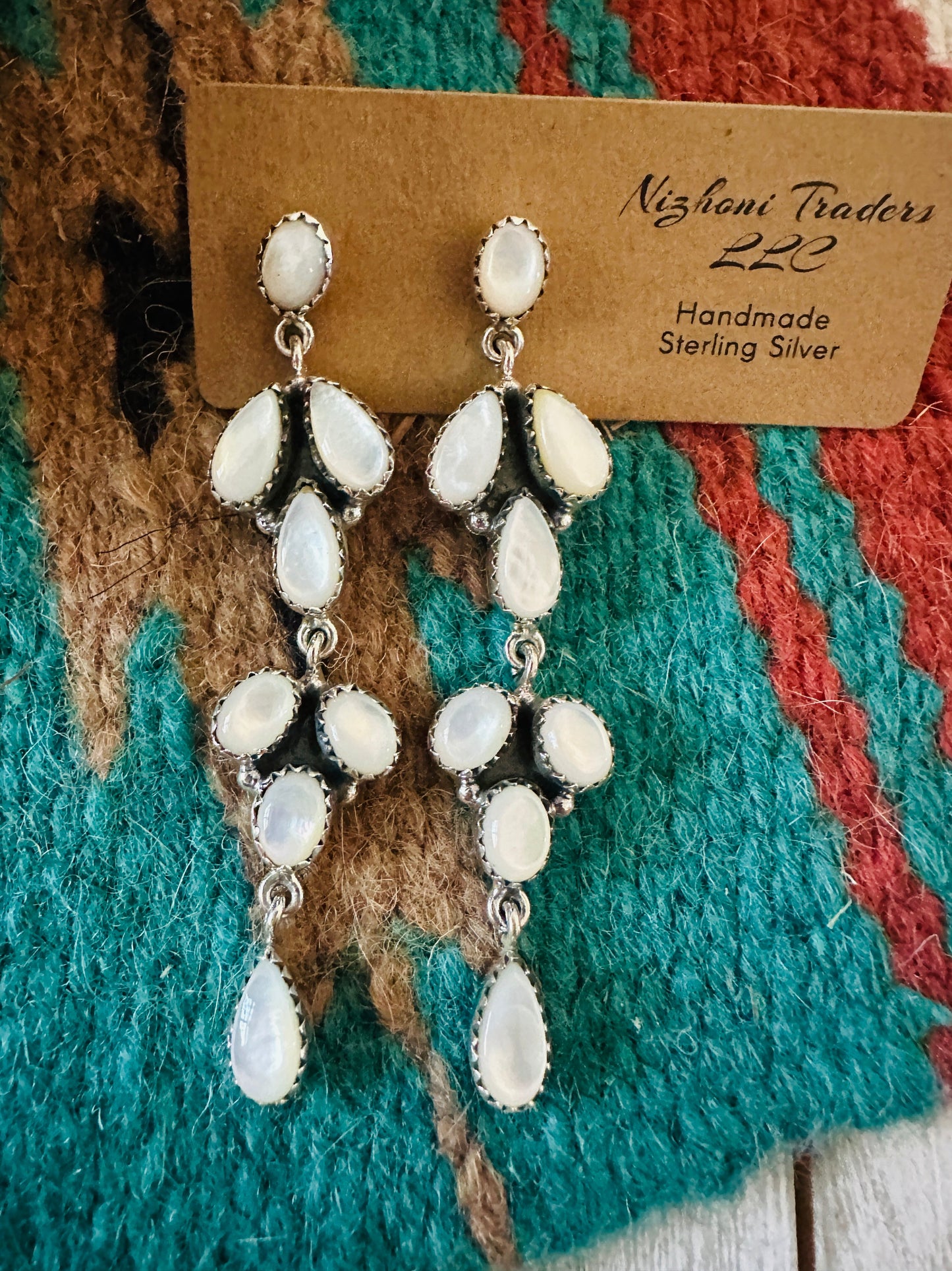 ** Christmas Collection ** Handmade Sterling Silver & Mother of Pearl Dangle Earrings Signed Nizhoni