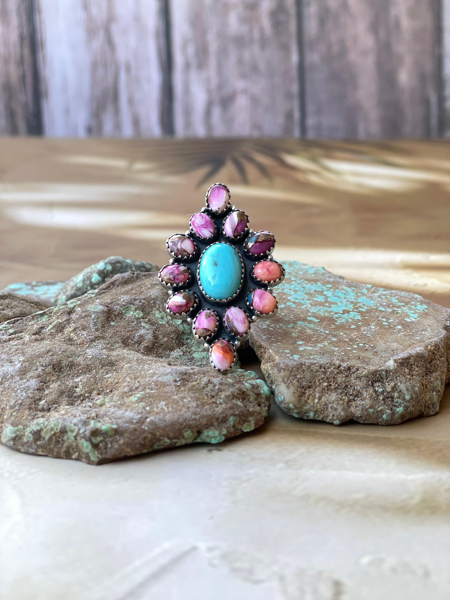 Handmade Sterling Silver, Pink Dream & Turquoise Cluster Adjustable Ring