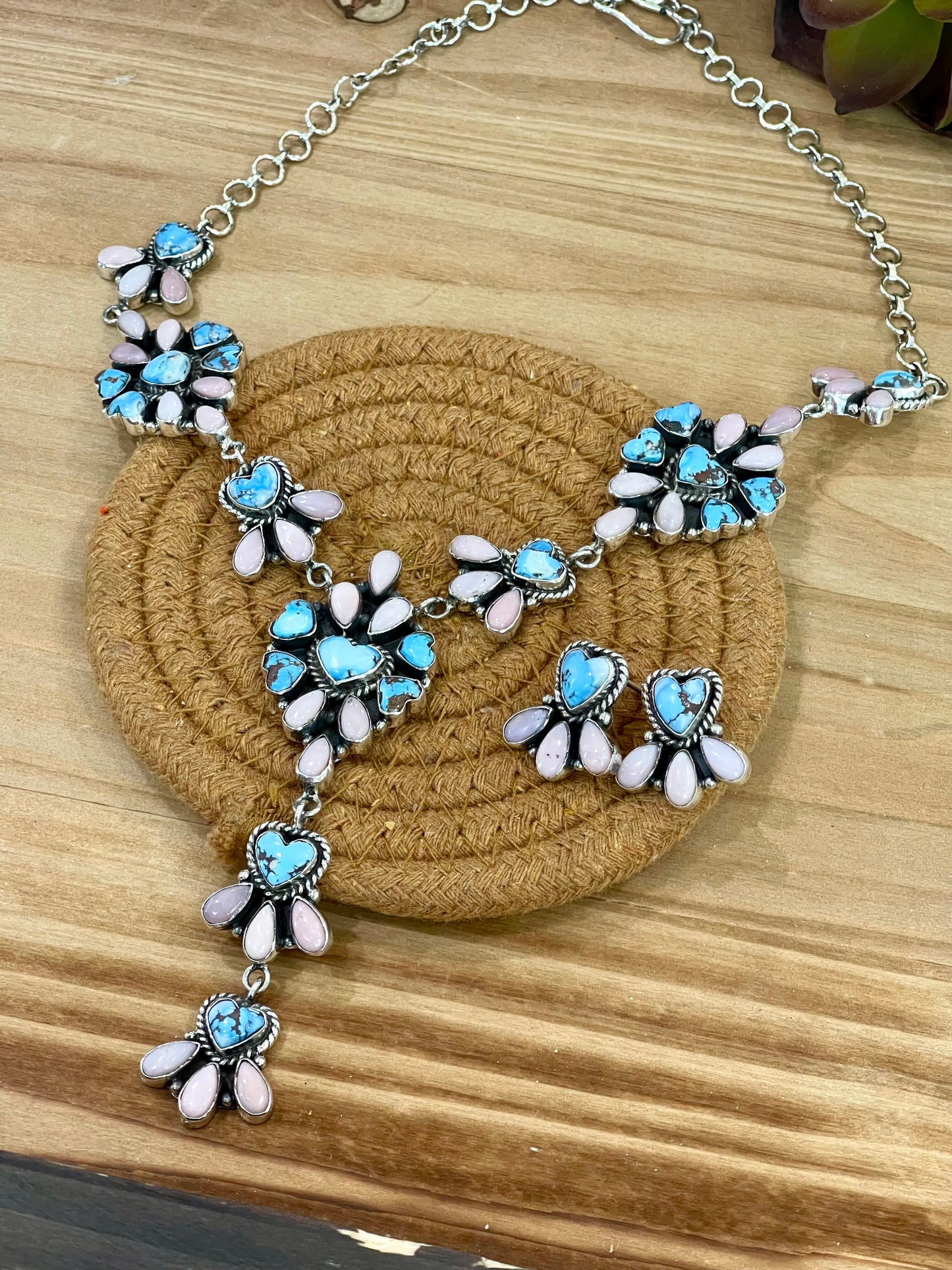 Beautiful Handmade Sterling Silver Golden Hills Turquoise Pink Opal Necklace Set