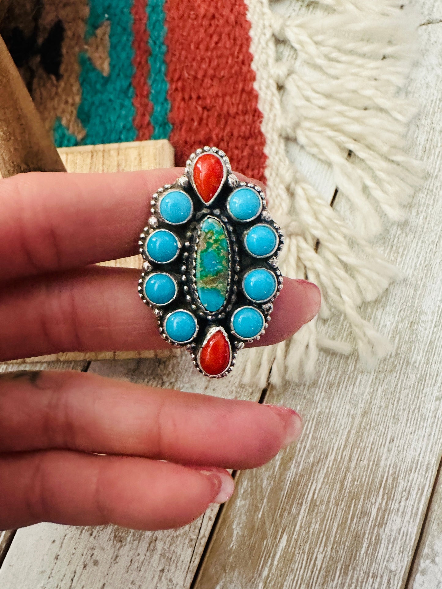 Navajo Turquoise, Coral & Sterling Silver Cluster Ring Size 7.25