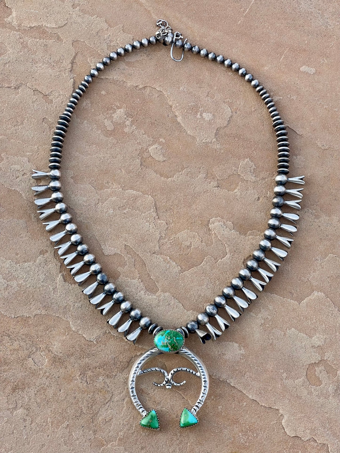 Beautiful Handmade Sterling Silver & Sonoran Mountain Turquoise Squash Blossom Necklace
