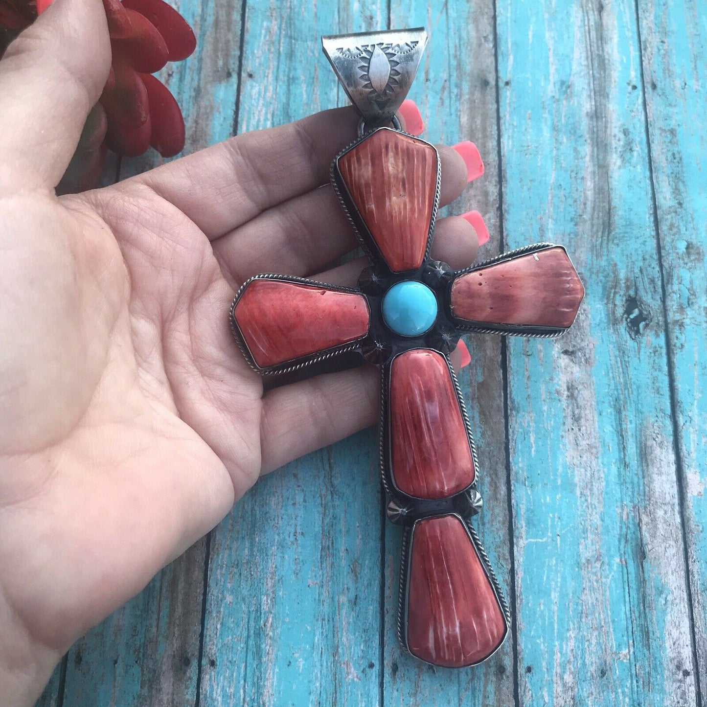 Navajo Sterling Silver Turquoise Spiny Statement Cross Pendant Signed