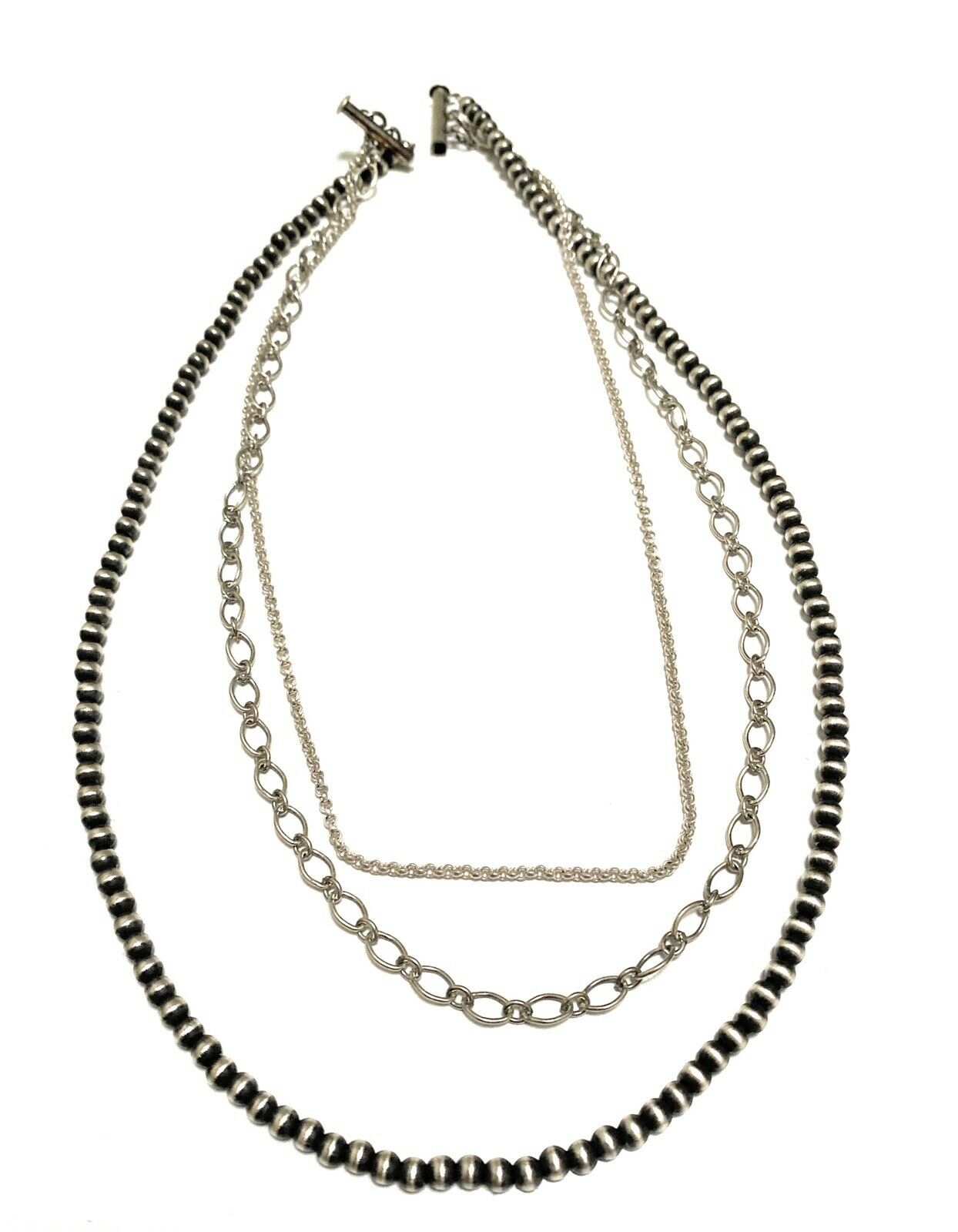 Navajo 3 Strand Sterling Silver Navajo Pearl & Chain Necklace 16-20 Inches