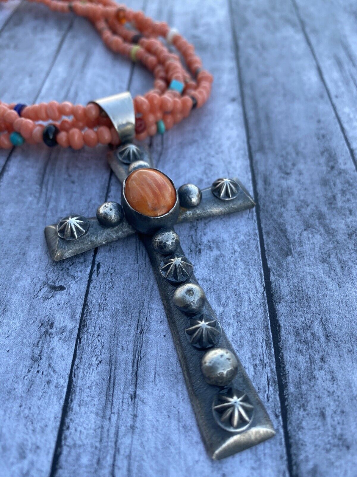 Navajo Sterling Silver & Orange Spiny Shell Cross Pendant Chimney Butte
