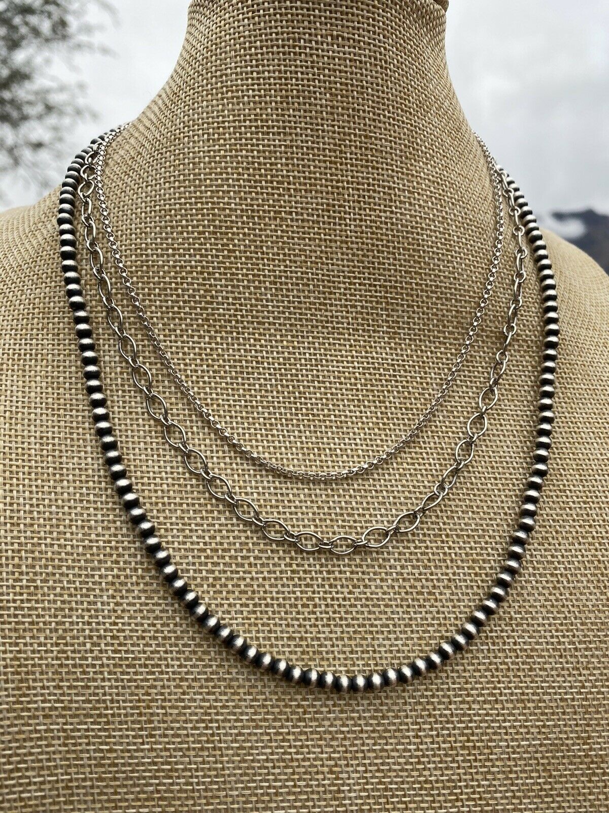 Navajo 3 Strand Sterling Silver Navajo Pearl & Chain Necklace 16-20 Inches