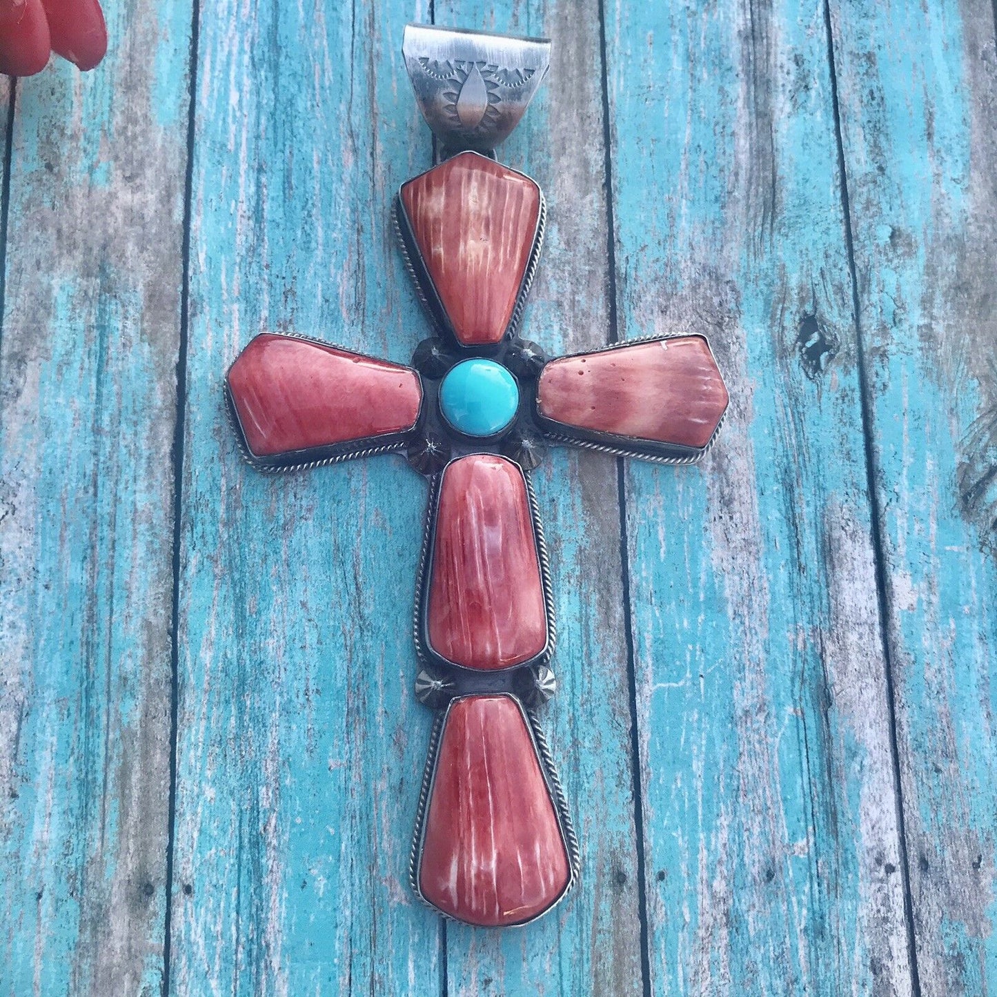 Navajo Sterling Silver Turquoise Spiny Statement Cross Pendant Signed