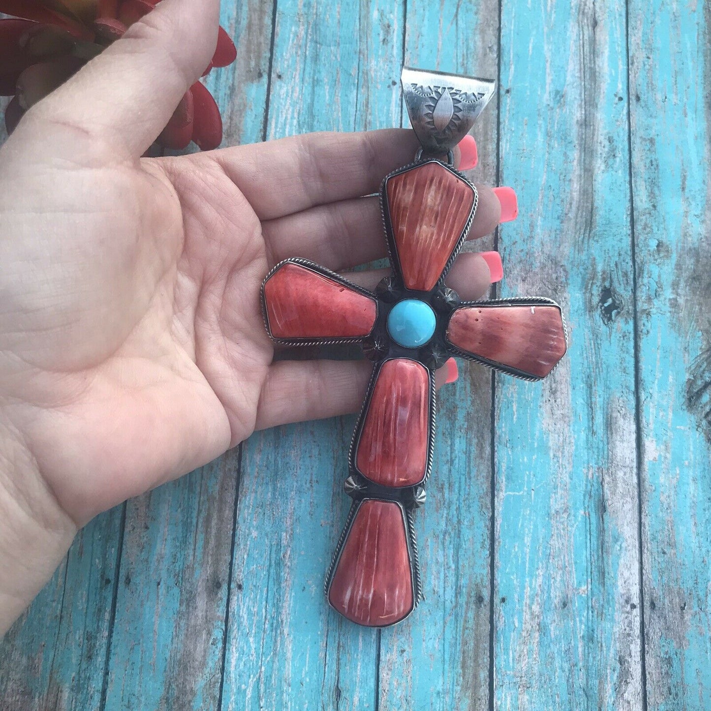 Navajo Sterling Silver Turquoise Spiny Statement Cross Pendant Signed