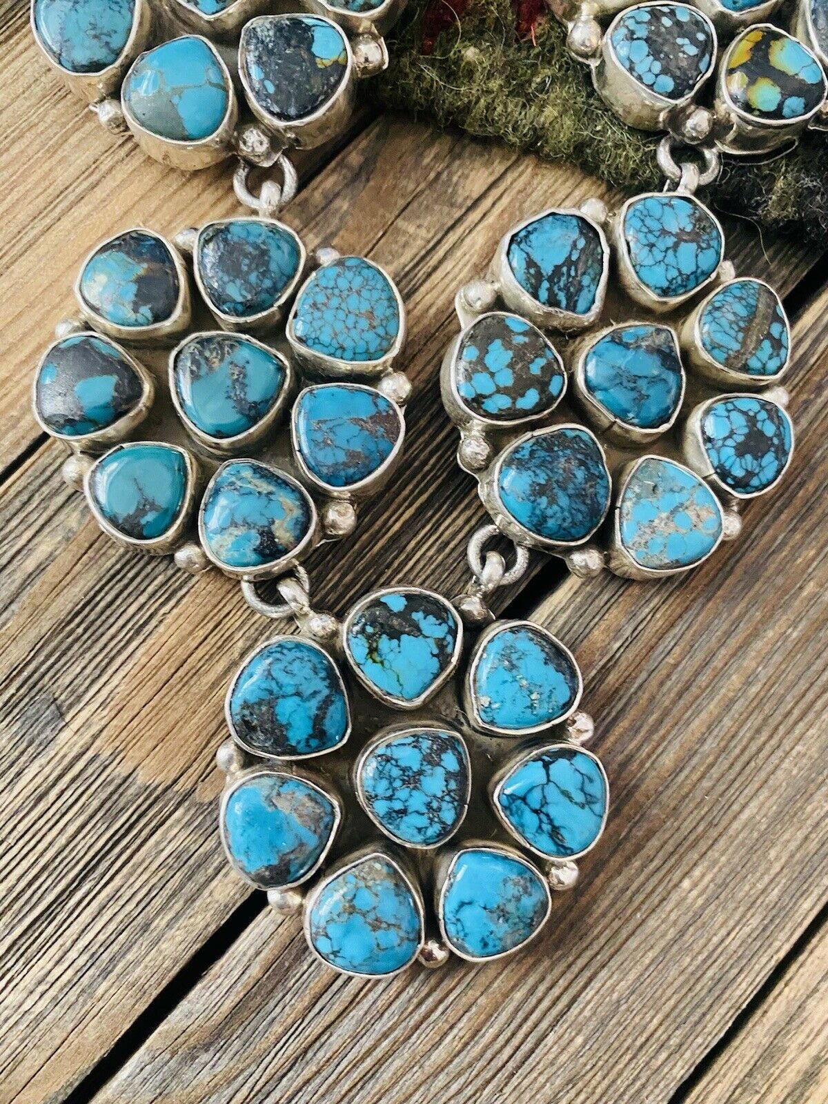 Navajo Natural Kingman & Sterling Silver Cluster Necklace