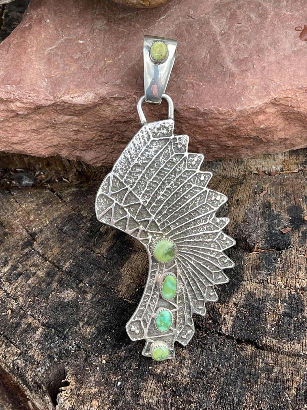 Navajo Sterling Silver Sonoran Gold Turquoise 4 Stone Indian Chief Pendant