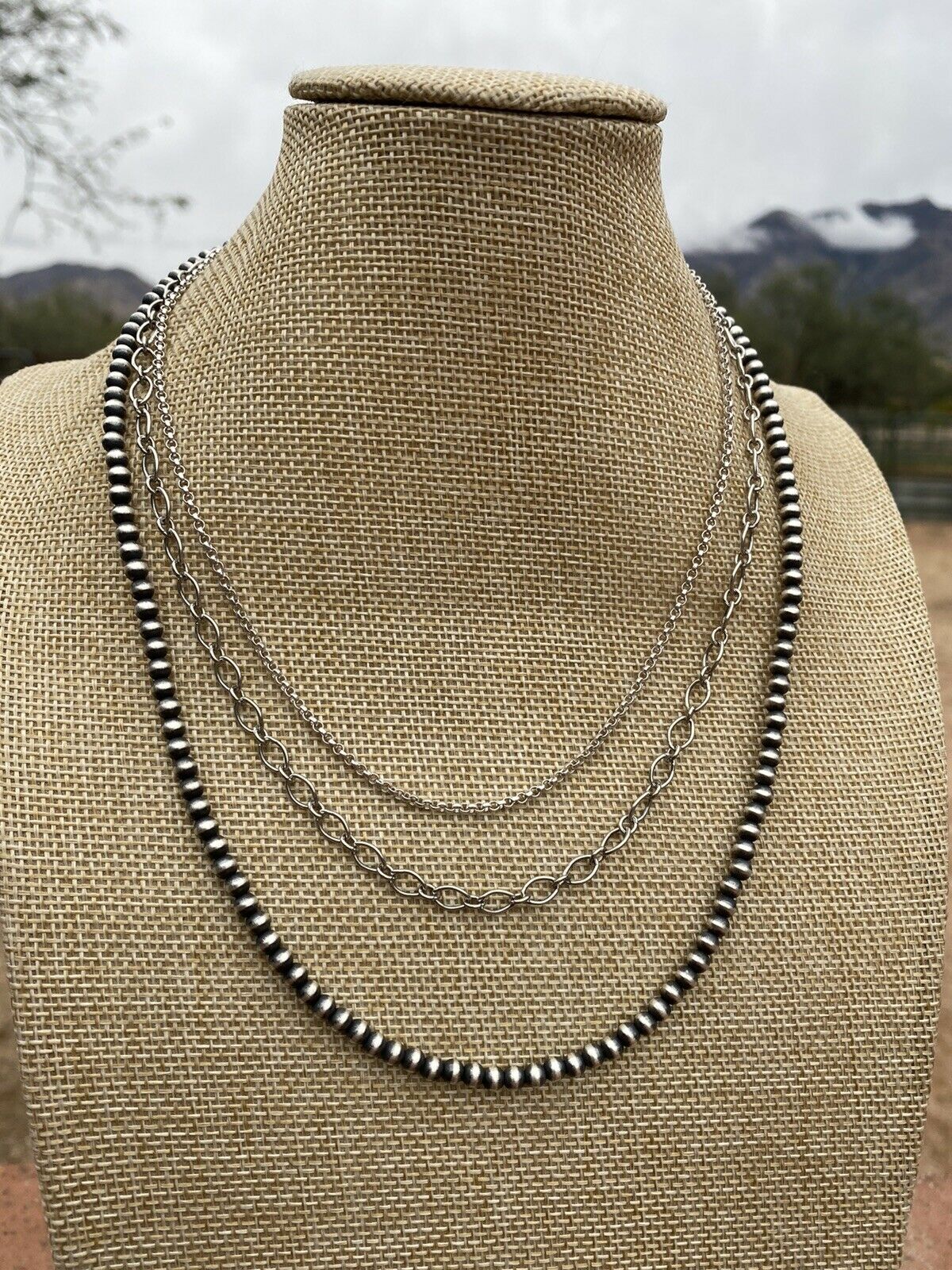 Navajo 3 Strand Sterling Silver Navajo Pearl & Chain Necklace 16-20 Inches