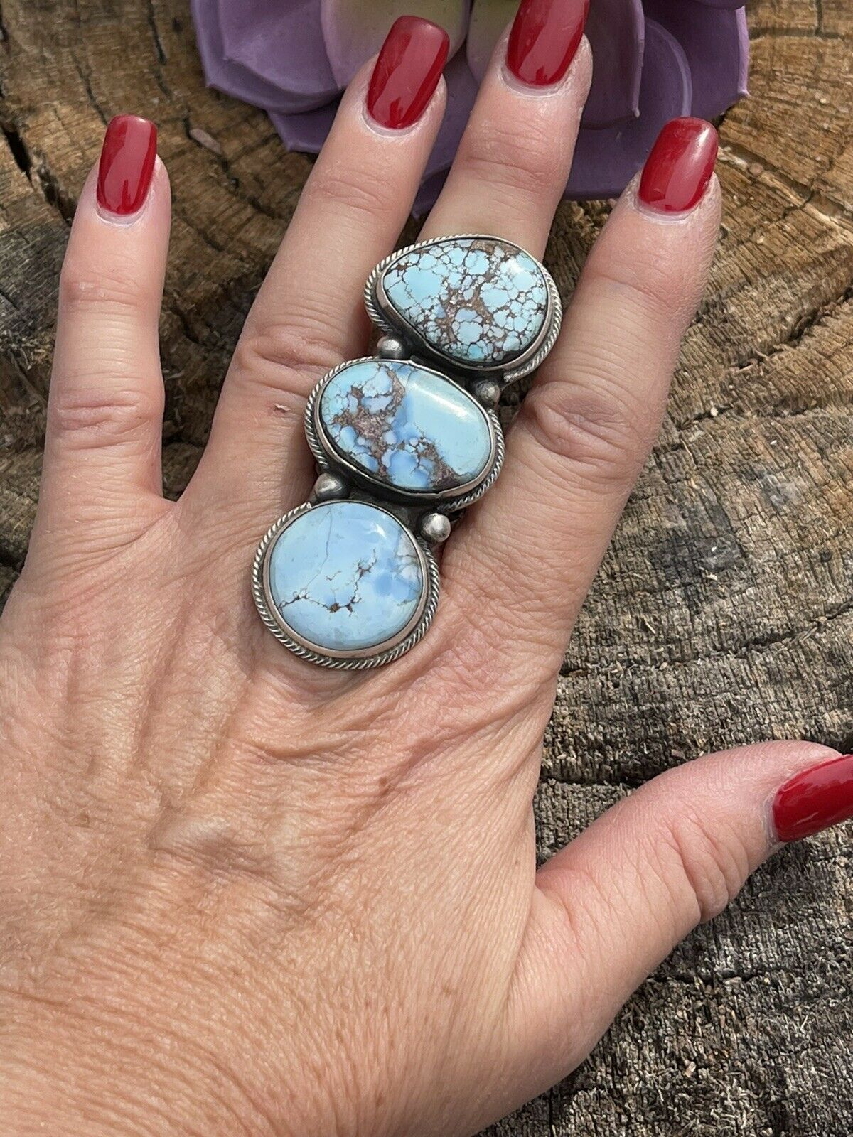Navajo Golden Hills Turquoise & Sterling Silver Sz 6.5 Signed Bobby Johnson