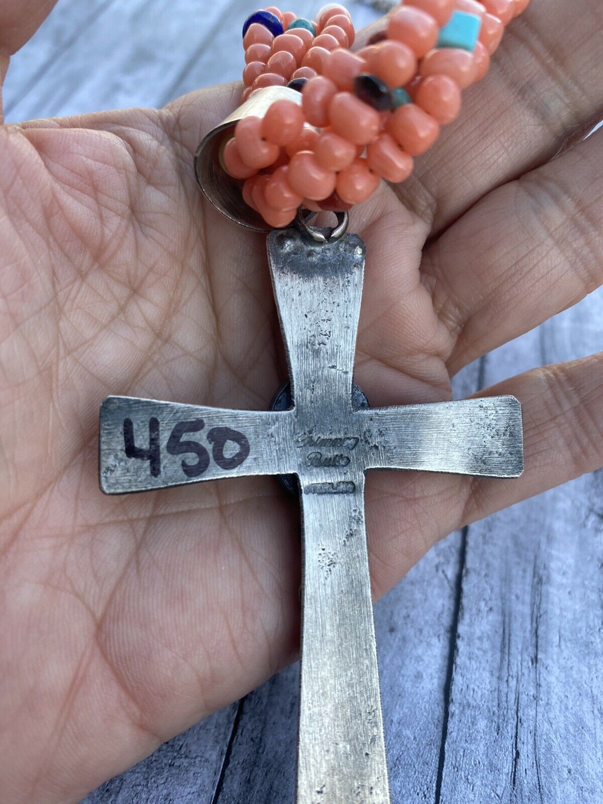 Navajo Sterling Silver & Orange Spiny Shell Cross Pendant Chimney Butte