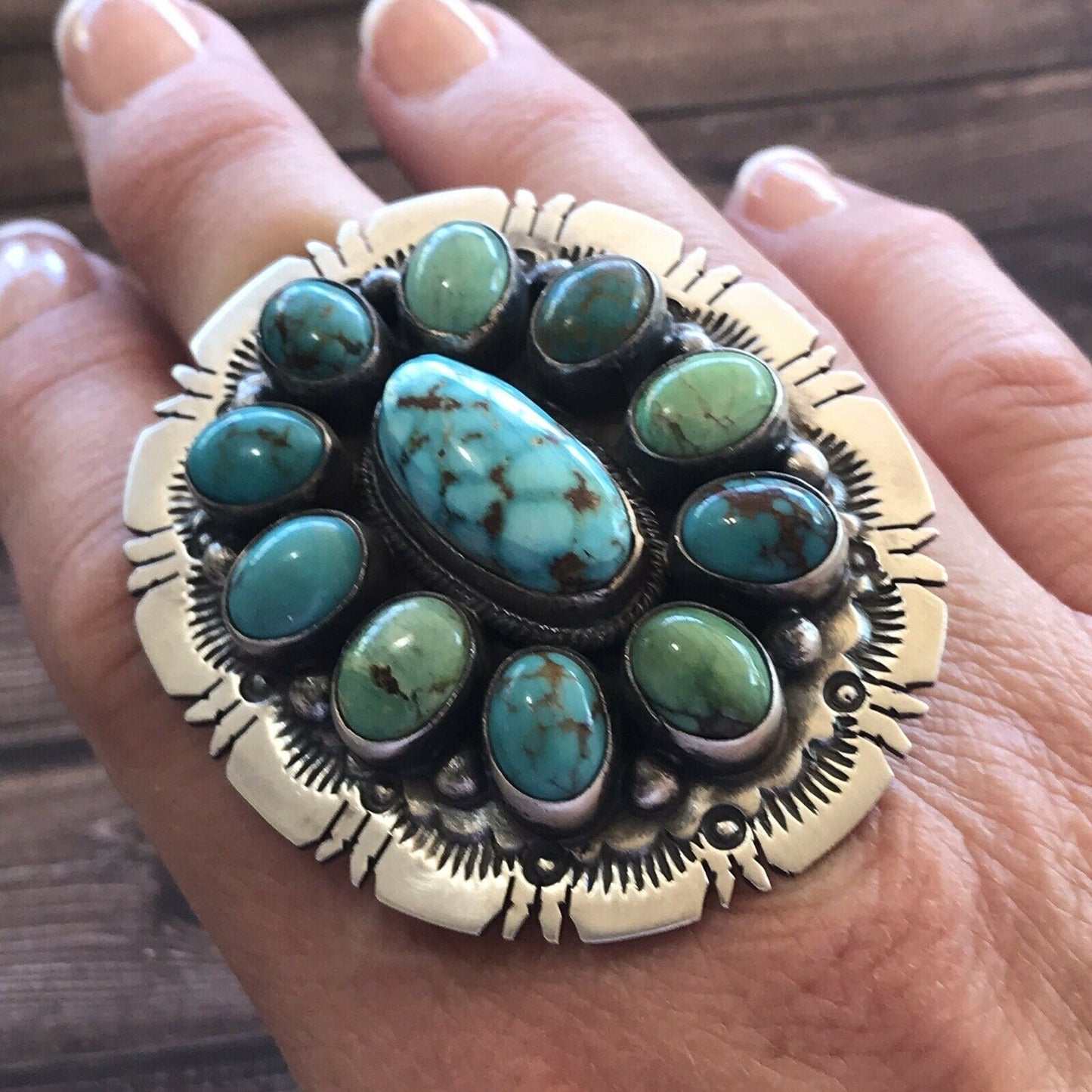 Navajo Cluster Multi Turquoise & Sterling Silver Ring Size 6.5