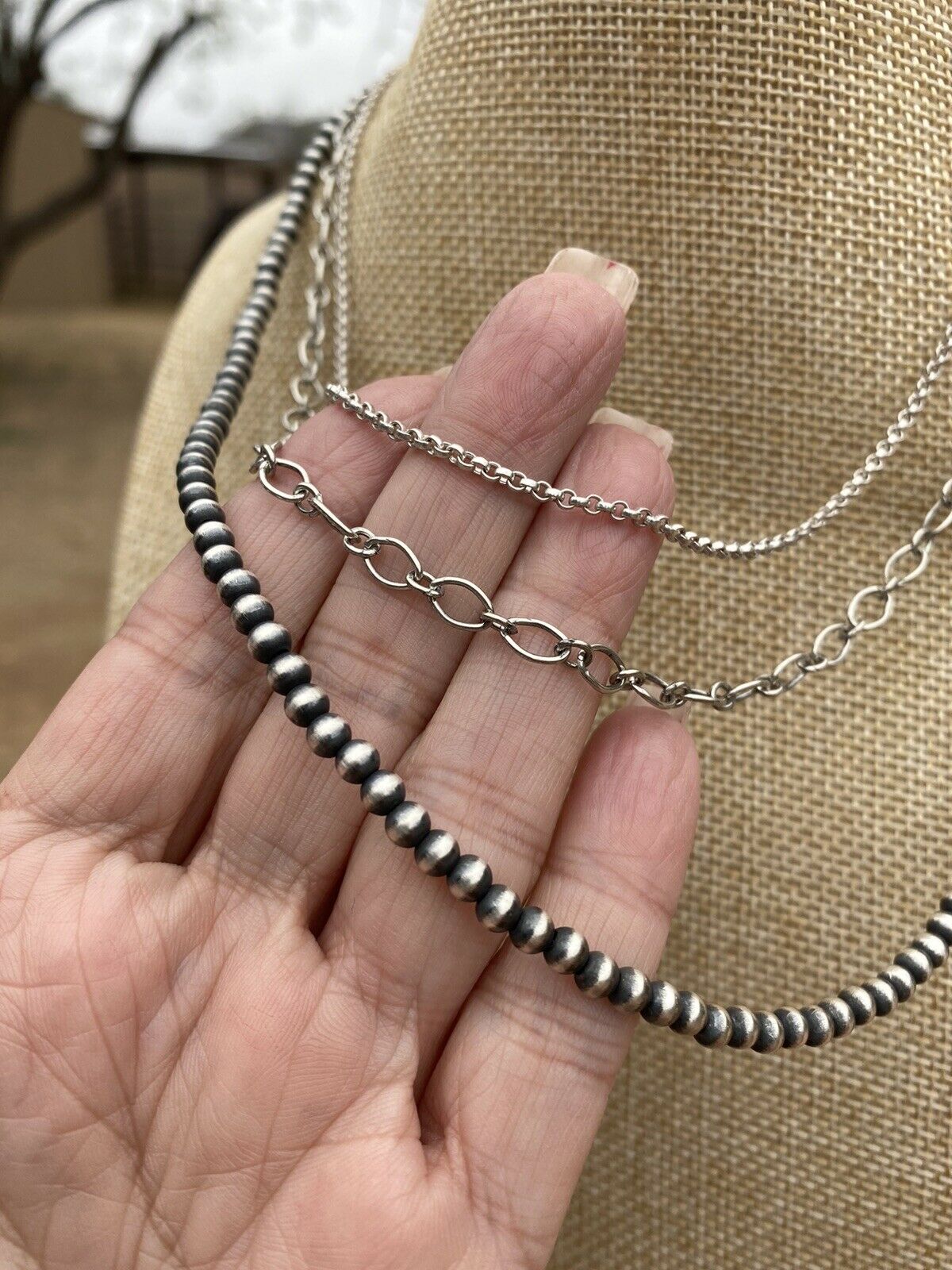 Navajo 3 Strand Sterling Silver Navajo Pearl & Chain Necklace 16-20 Inches