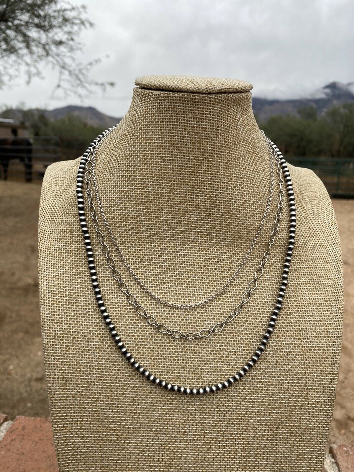 Navajo 3 Strand Sterling Silver Navajo Pearl & Chain Necklace 16-20 Inches