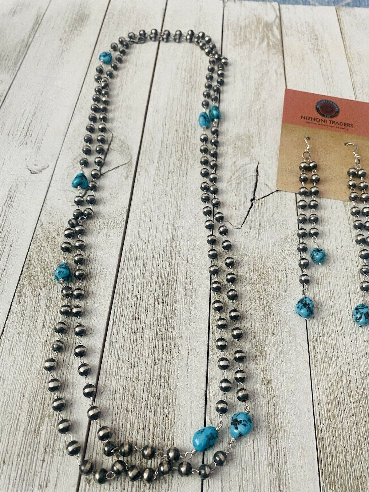 Navajo Kingman Turquoise & Sterling Silver Pearl Beaded Necklace Set