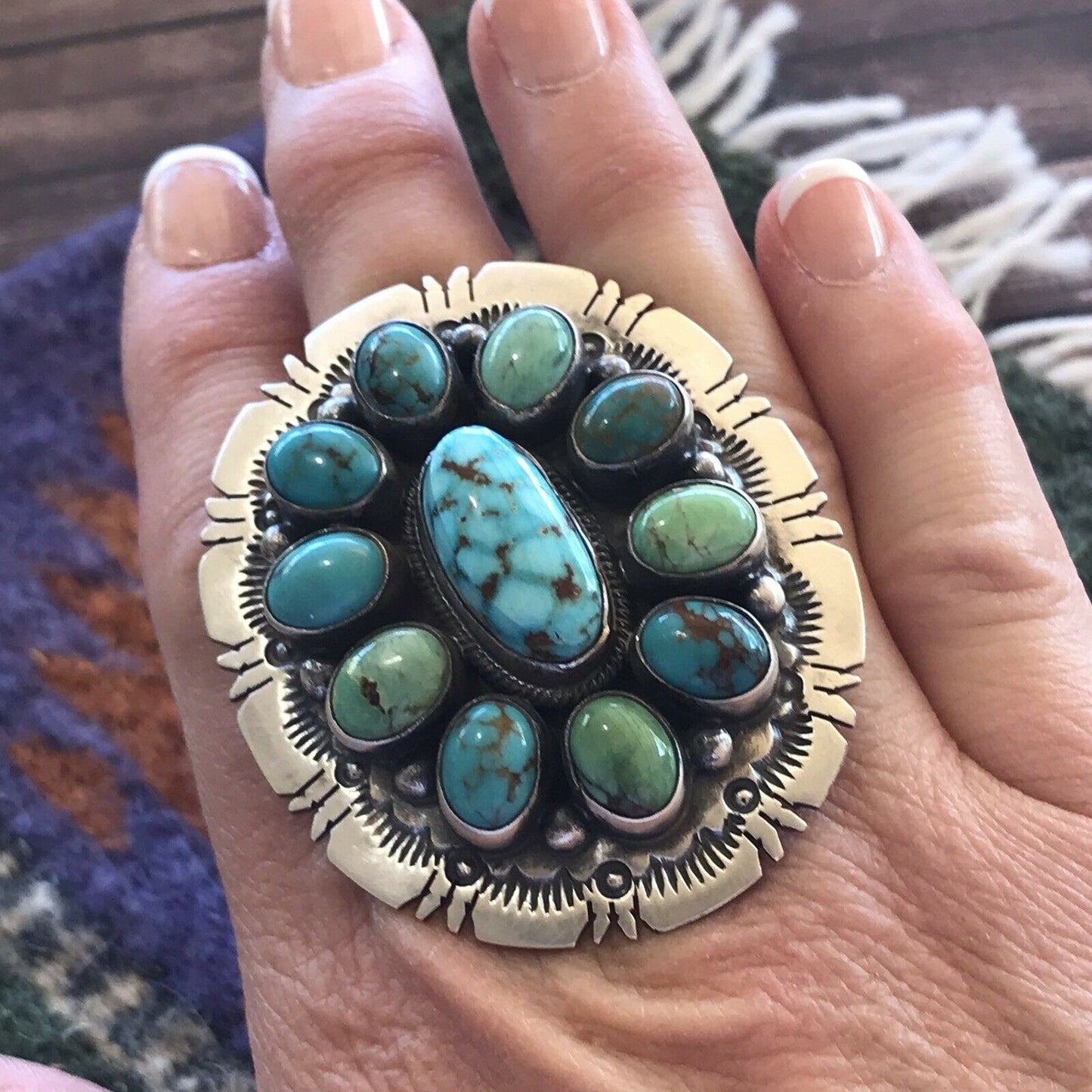 Navajo Cluster Multi Turquoise & Sterling Silver Ring Size 6.5