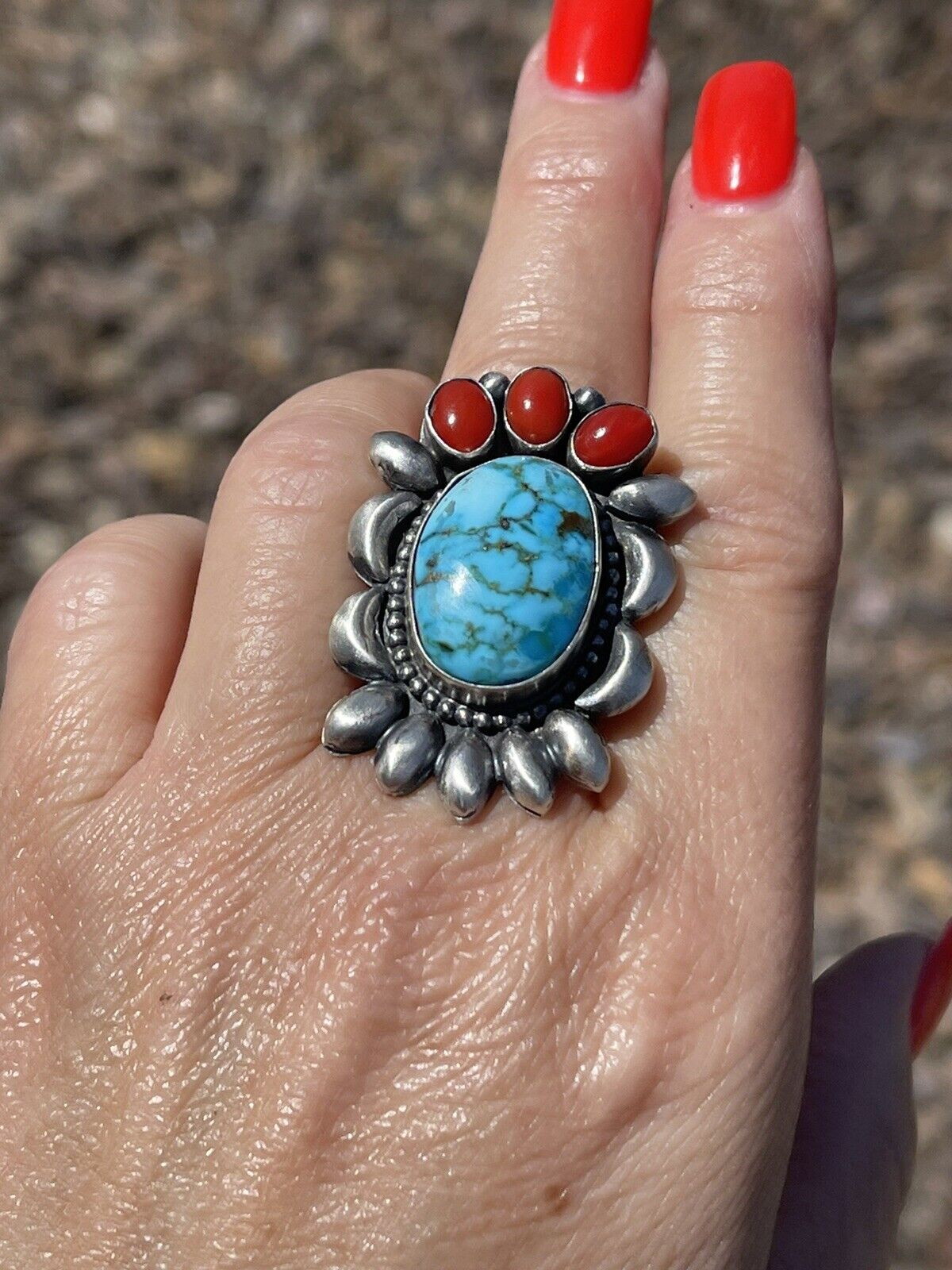 Navajo Sterling Kingman Web Turquoise & Red Coral Taos Collection Ring by Danny Clark, Sz 6.5