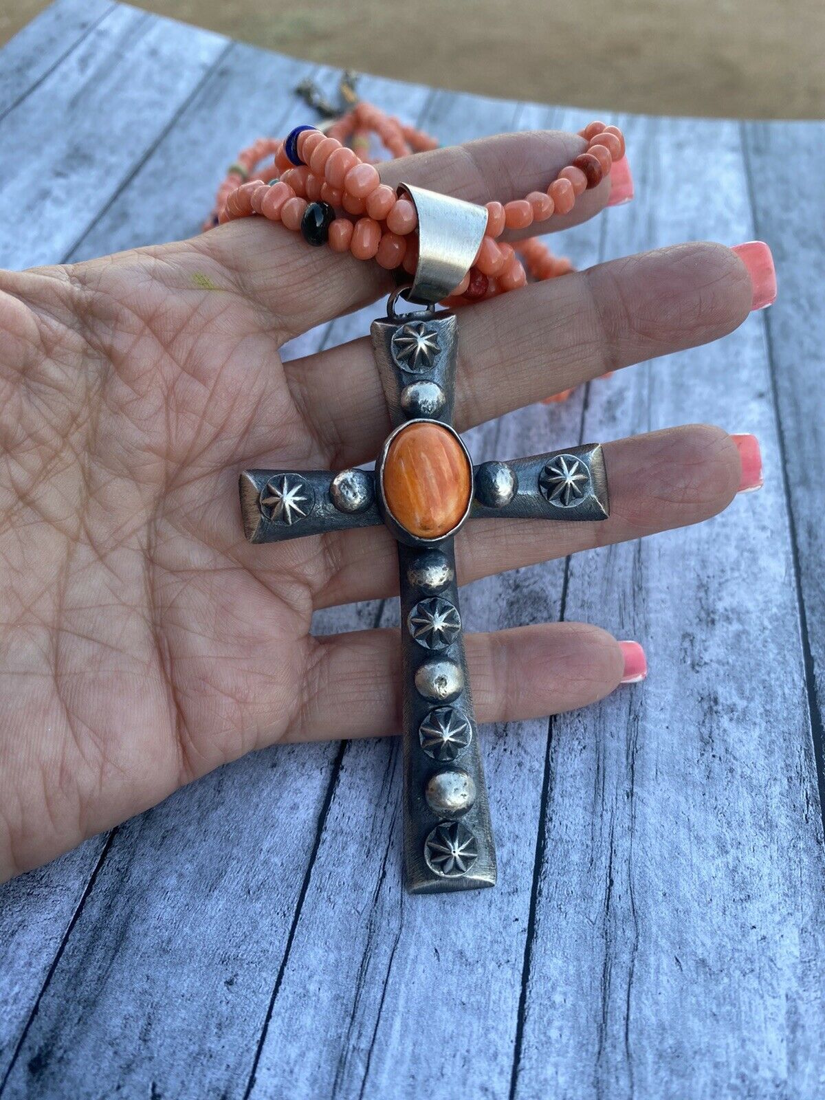 Navajo Sterling Silver & Orange Spiny Shell Cross Pendant Chimney Butte