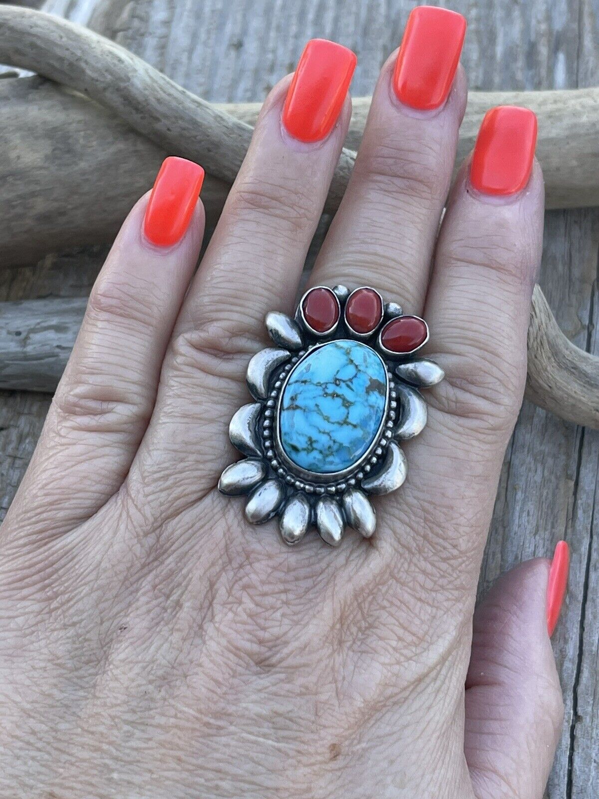 Navajo Sterling Kingman Web Turquoise & Red Coral Taos Collection Ring by Danny Clark, Sz 6.5