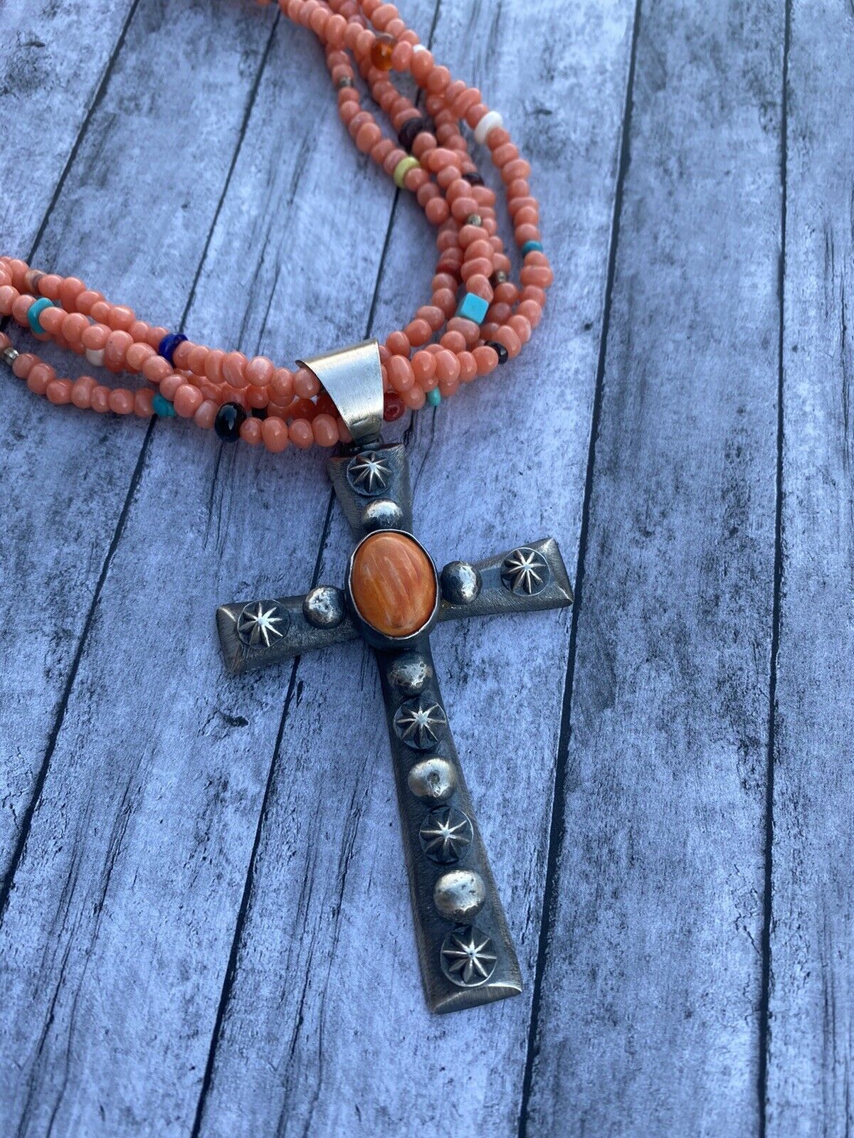 Navajo Sterling Silver & Orange Spiny Shell Cross Pendant Chimney Butte