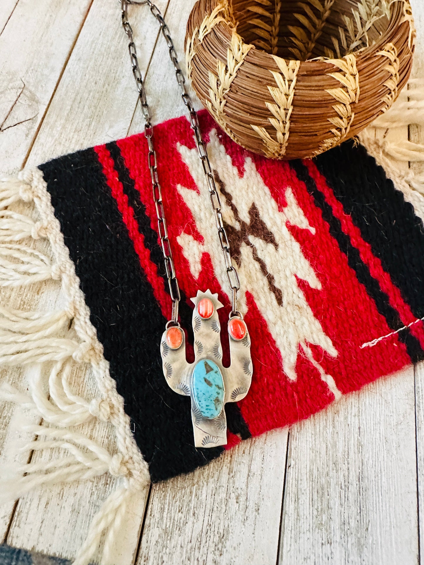Navajo Sterling Silver, Turquoise & Spiny Cactus Necklace