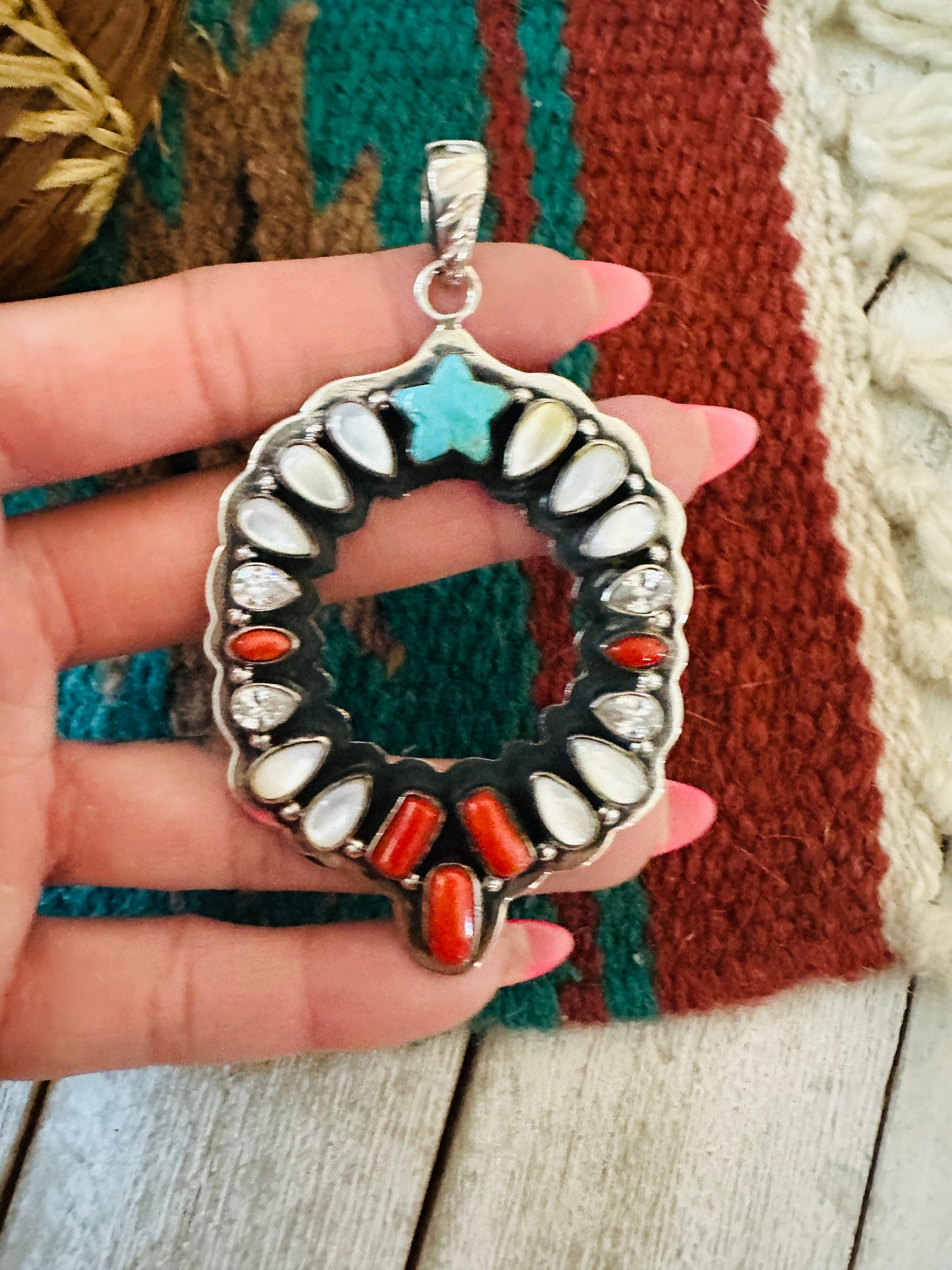 ** Christmas Collection ** Handmade Sterling Silver & Multi Stone Wreath Pendant Signed Nizhoni