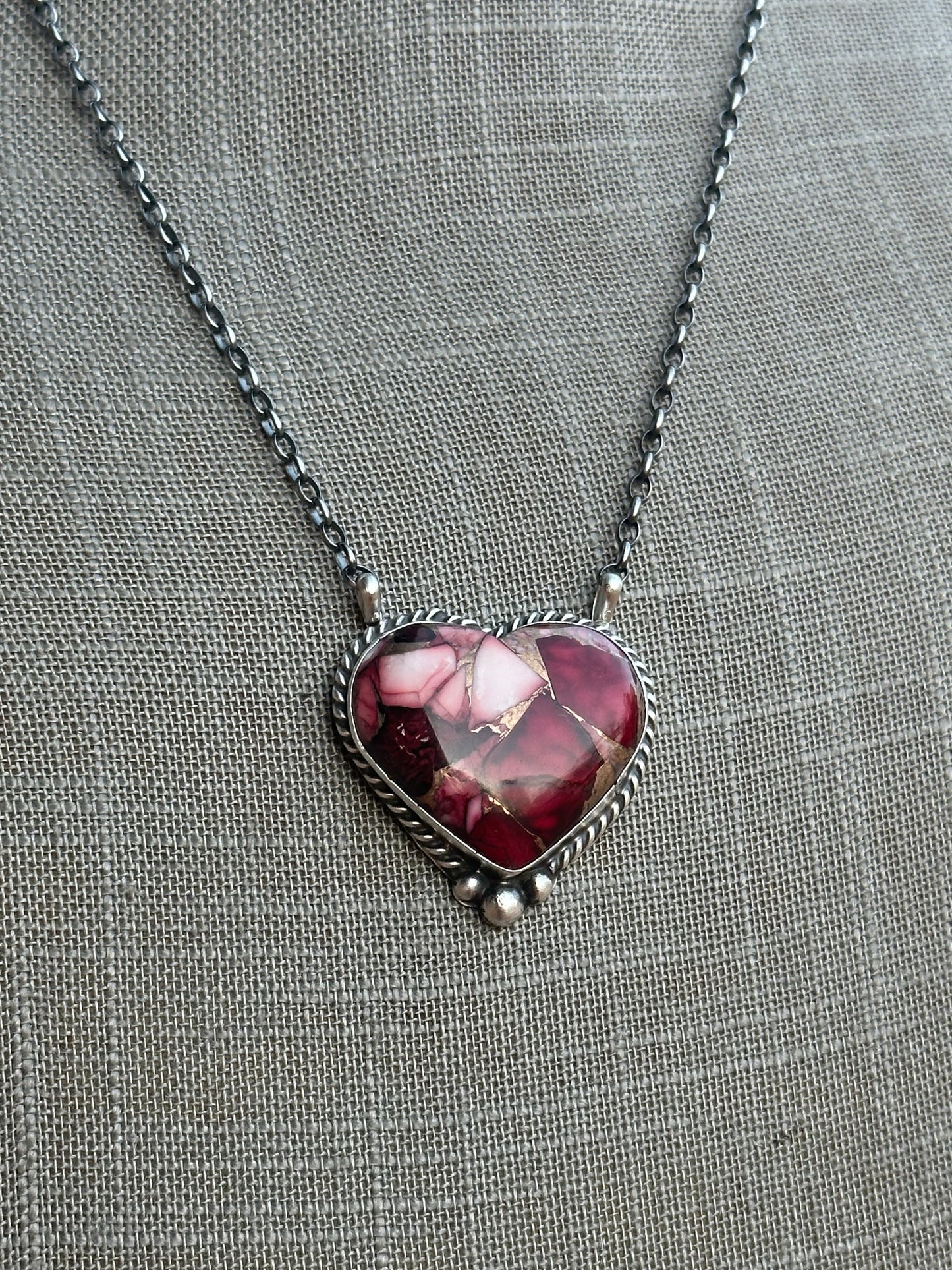 Navajo Rose Dahlia & Sterling Silver Heart Necklace