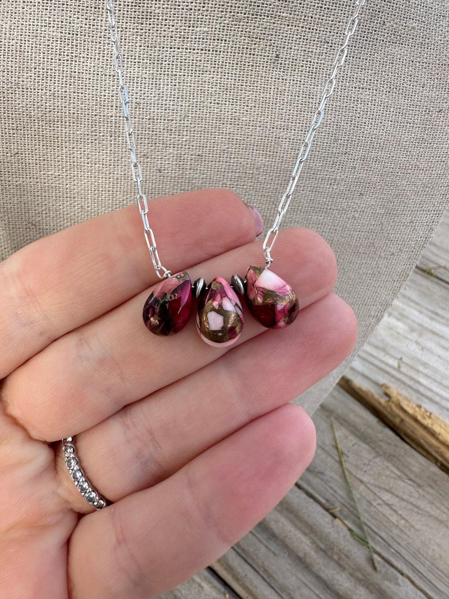 Tiny Dancer Handmade Sterling Silver & Dahlia Rose 3 Stone Necklace