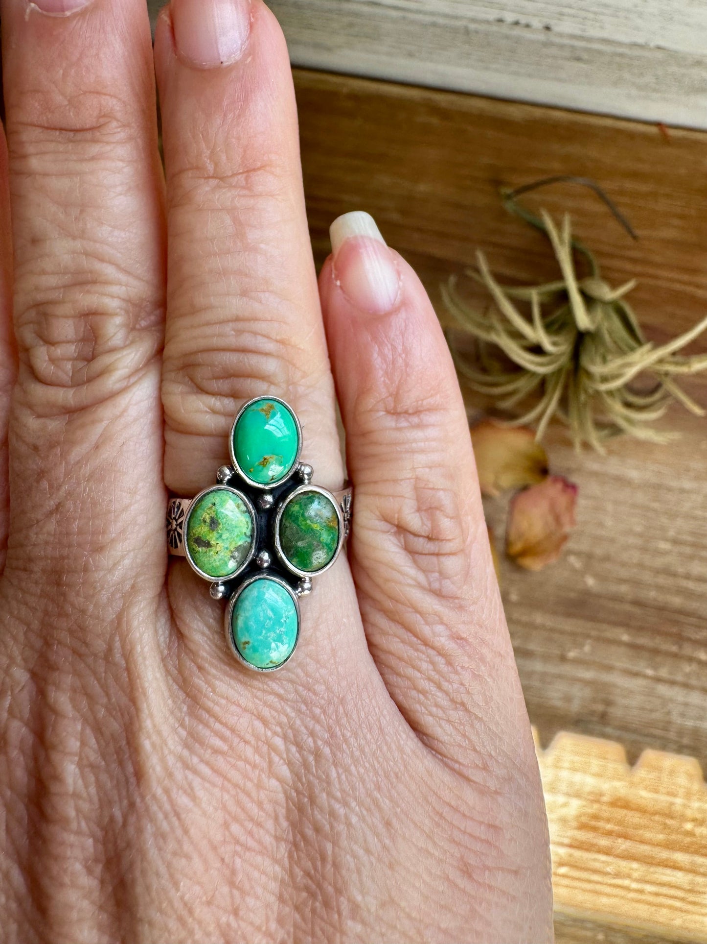 Adjustable Ring with 4 Green Turquoise Stones