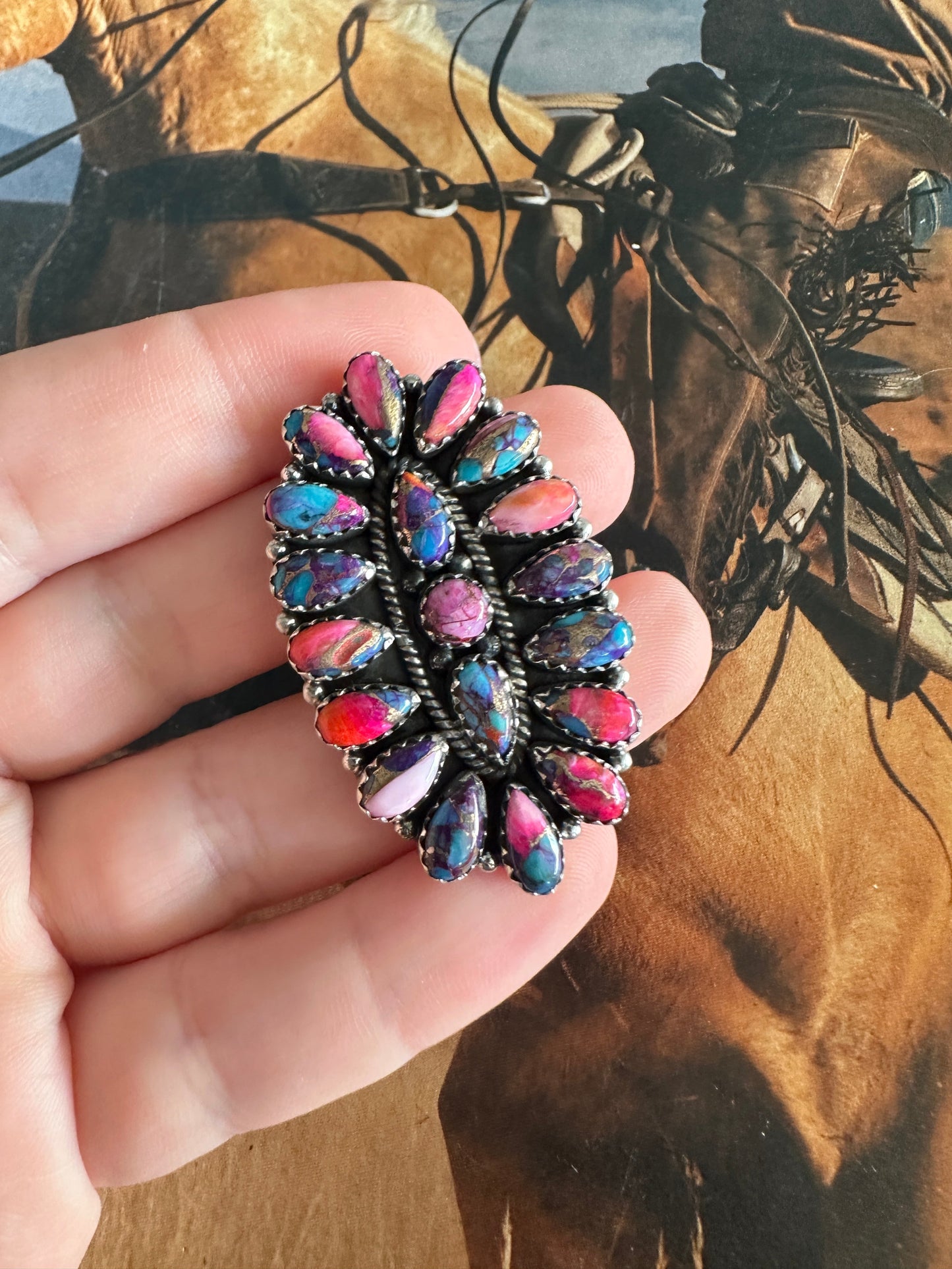 THE SILVERTON Beautiful Handmade Pink Dream Mojave And Sterling Silver Adjustable Cluster Ring