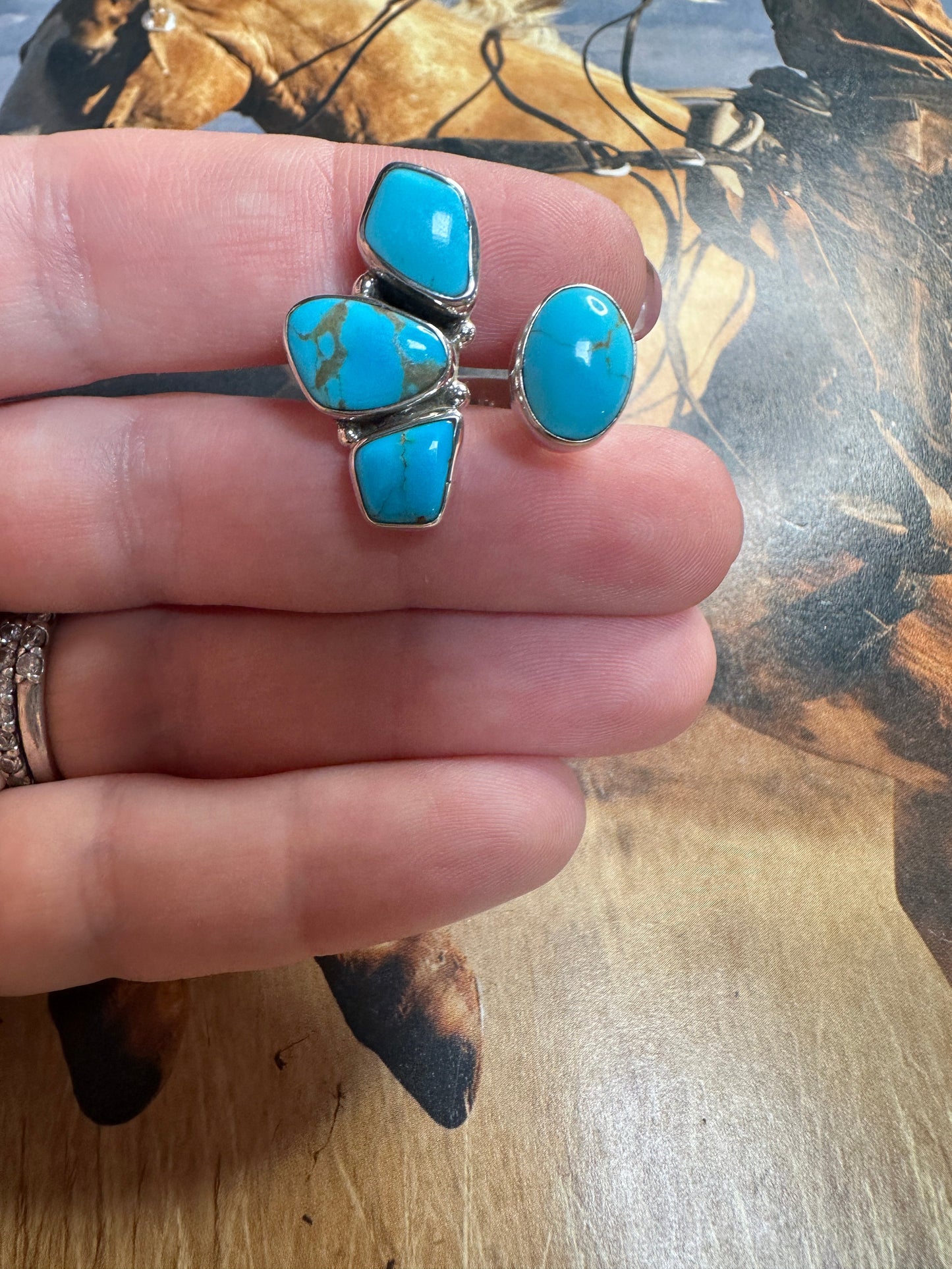 Handmade Turquoise & Sterling Adjustable Crescent Floating Stone Ring